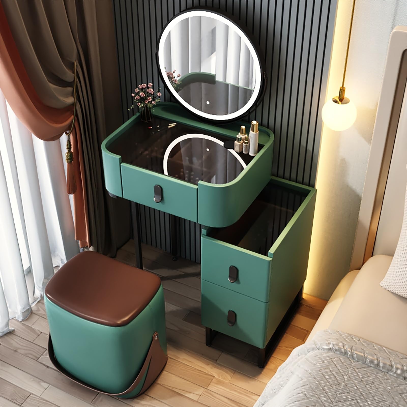 CGCSYZ White Vanity Desk with Mirror and Drawers Wooden Makeup Desk for Bedroom with Adjustable Brightness Mirror Vanity Table for Girls and Women Dressing Room Furniture(Dark Green-50cm/19.7in)