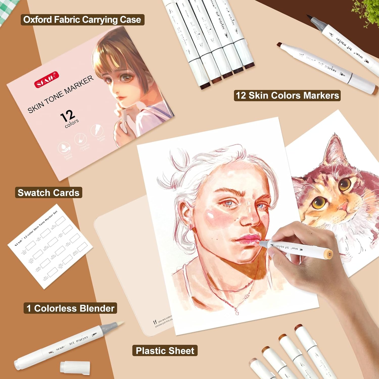 SFAIH Skin Tone Brush Tip Alcohol Markers - 12 Light Skin Colors Double Tipped Art Markers for Artist Adult Coloring Illustration, Gifts for Artist Adult, Dual Tip Brush & Chisel - Refillable Ink - Image 6