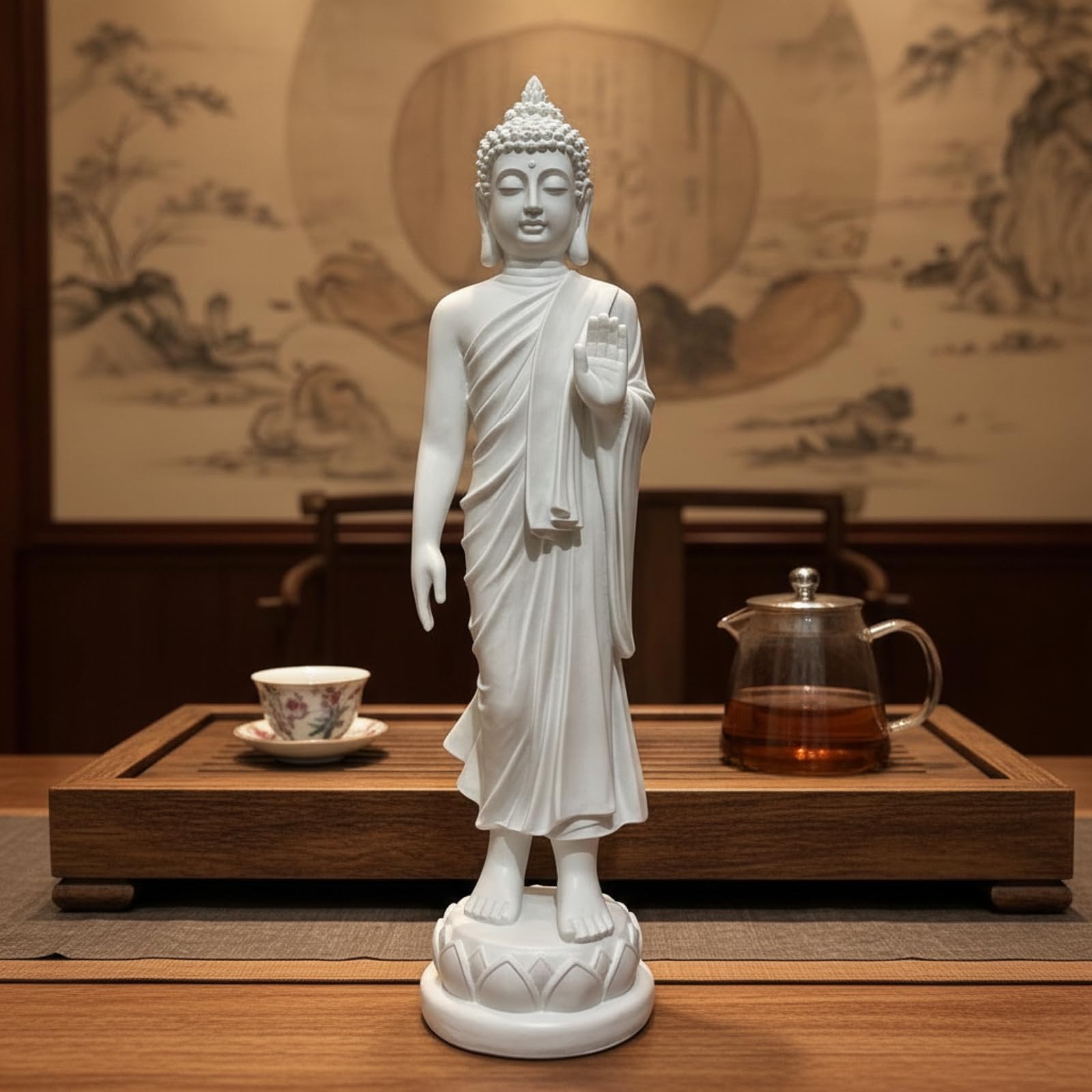 Buddha Statue Shakyamuni Figur Kunstfigur Skulptur aus Harz mit Ruhigem Ausdruck Detailliertem Faltenwurf Und Standfuß für Innenraum Dekoecke Gebetsbereich