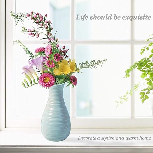 Miniatura 5 de Florero irrompible para flores, jarrón de plástico con aspecto de cerámica para decoración del hogar, sala de estar, mesa (azul concha)