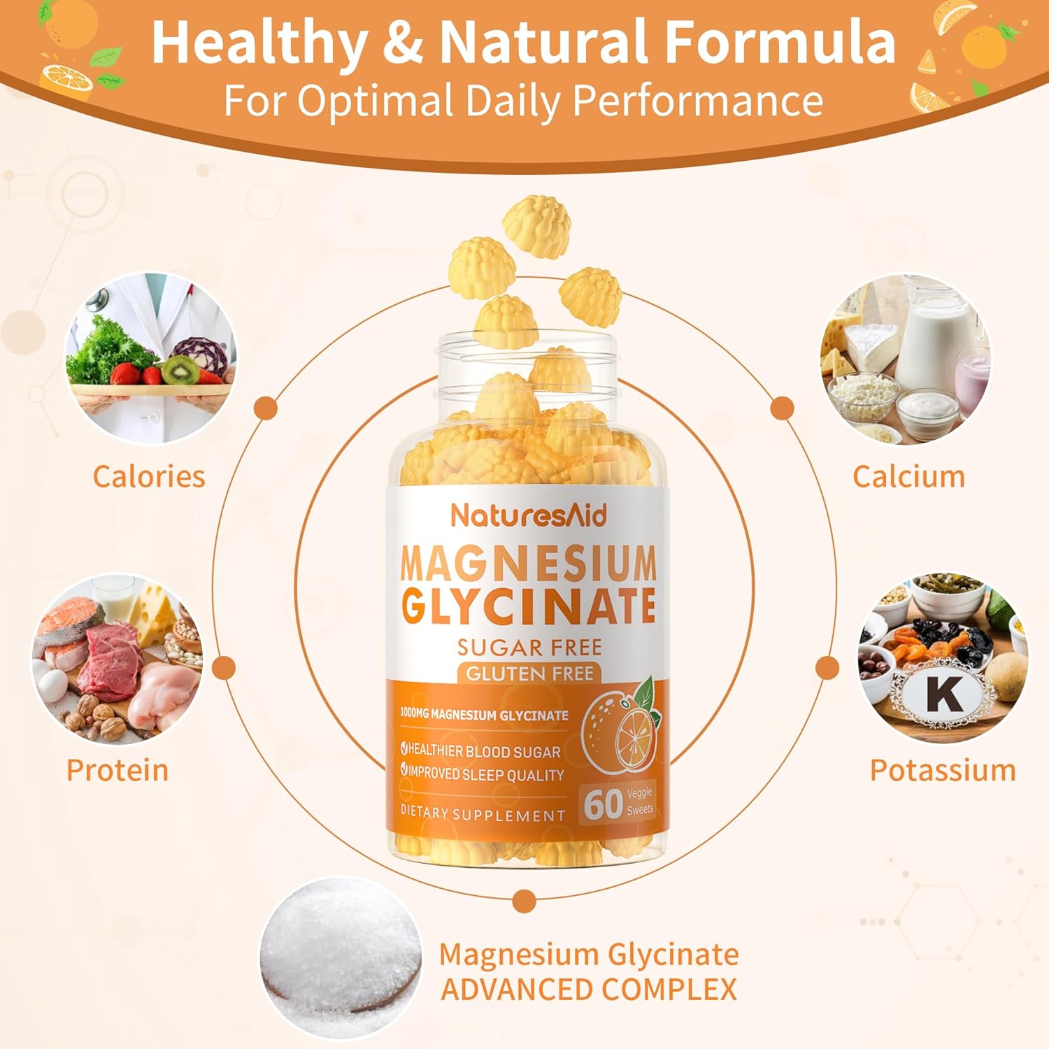 Magnesium Glycinate Gummies 1000mg - Sugar Free Magnesium Potassium Supplement with Vitamin D, B6, CoQ10 for Calm Mood & Sleep Support - 120 Orange Gummies -2 Pack - Image 2