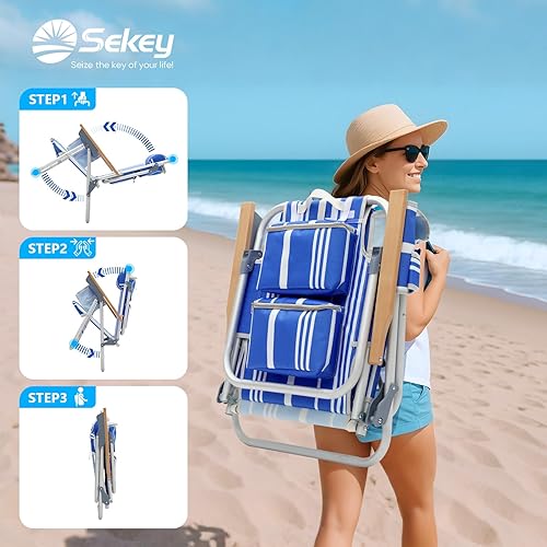 Miniatura 9 de Paquete de 2 sillas de playa de aluminio para adultos con 5 posiciones clásicas, plegables, ligeras, con 2 bolsas de enfriamiento, toallero,