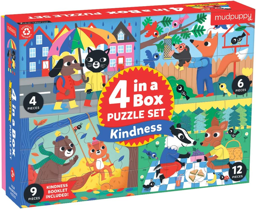 Mudpuppy Kindness 4inaBox Puzzle Set includes 4