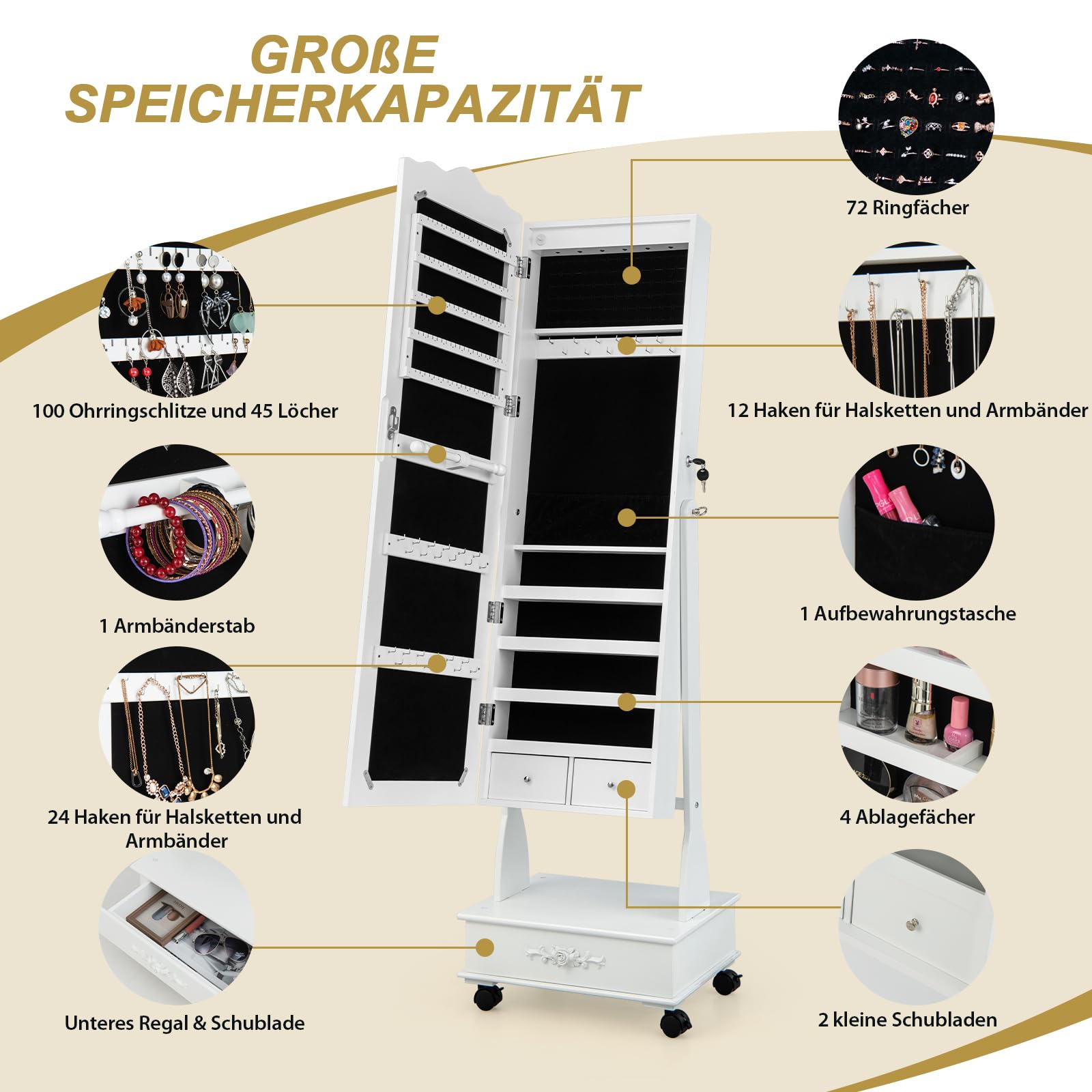 COSTWAY szafka na biżuterię z oświetleniem LED, szafka z lustrem na całej długości i szufladami, organizer na biżuterię przenośny, zamykana (Biały)