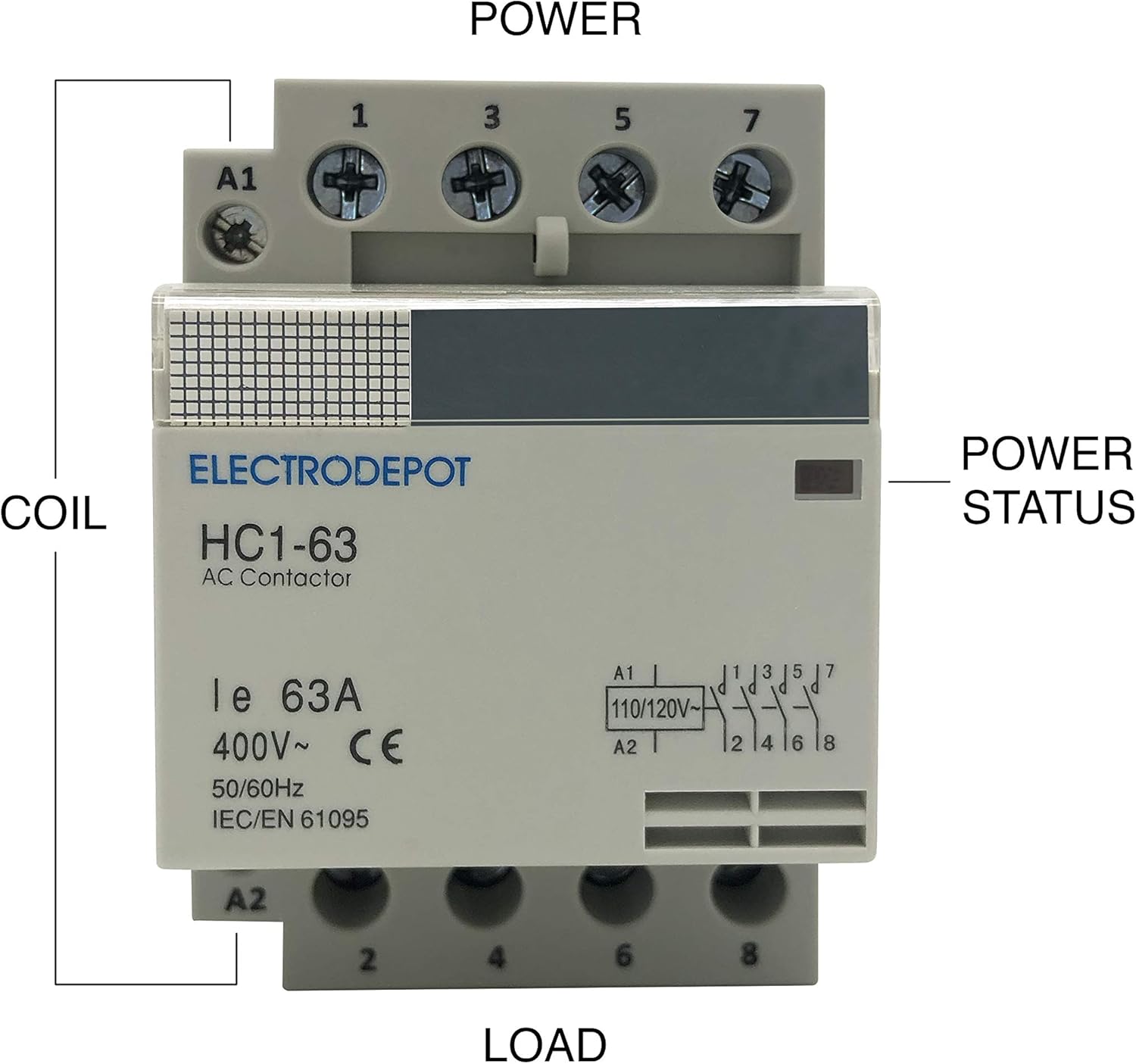 Electrodepot 60 Amp 4 Pole Normally Open IEC 400V Contactor (Silent Operation) – 110-120VAC Coil, Inductive 40A, Resistive 60A with Mounting Base for DIN Rail (2 Pack)