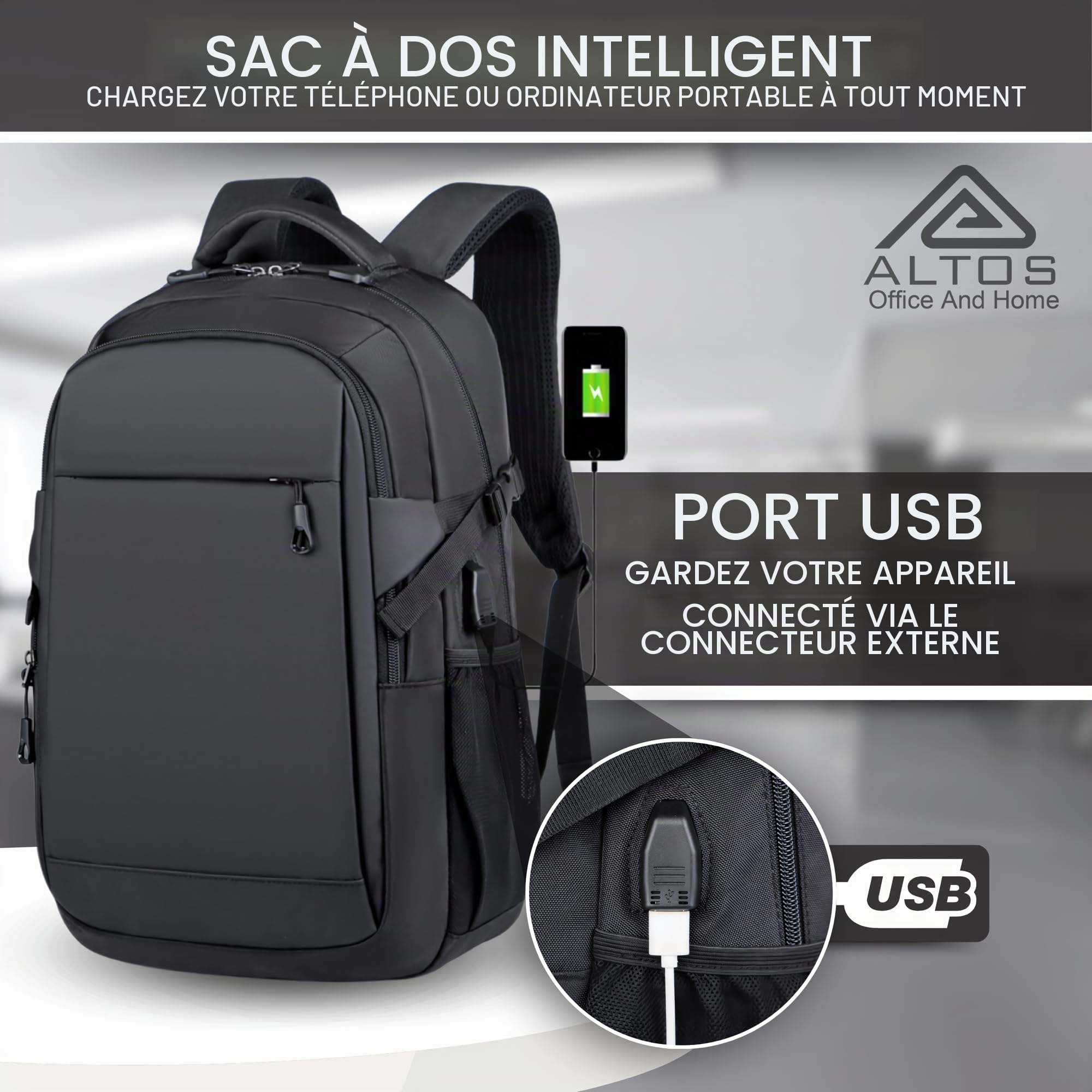 ALTOS OFFICE AND HOME Sac à dos pour ordinateur portable, voyage d'affaires et d'étude, port USB, ordinateur portable jusqu'à 15,6", noir, antivol, idéal pour la randonnée, imperméable, résistant aux