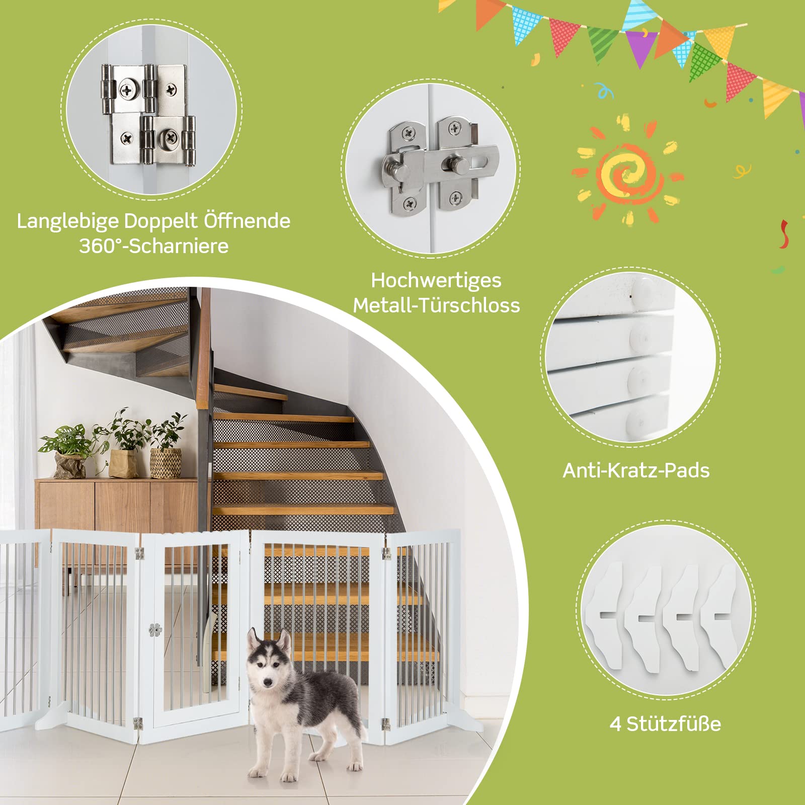 COSTWAY 6-teiliges Absperrgitter Hunde, Freistehendes Hundegitter mit Tür & 4 Stützfüßen, 80cm hoch, Klappbarer Schutzgitter, Treppengitter aus Holz und Edelstahl, für Kamin Treppe, Weiß