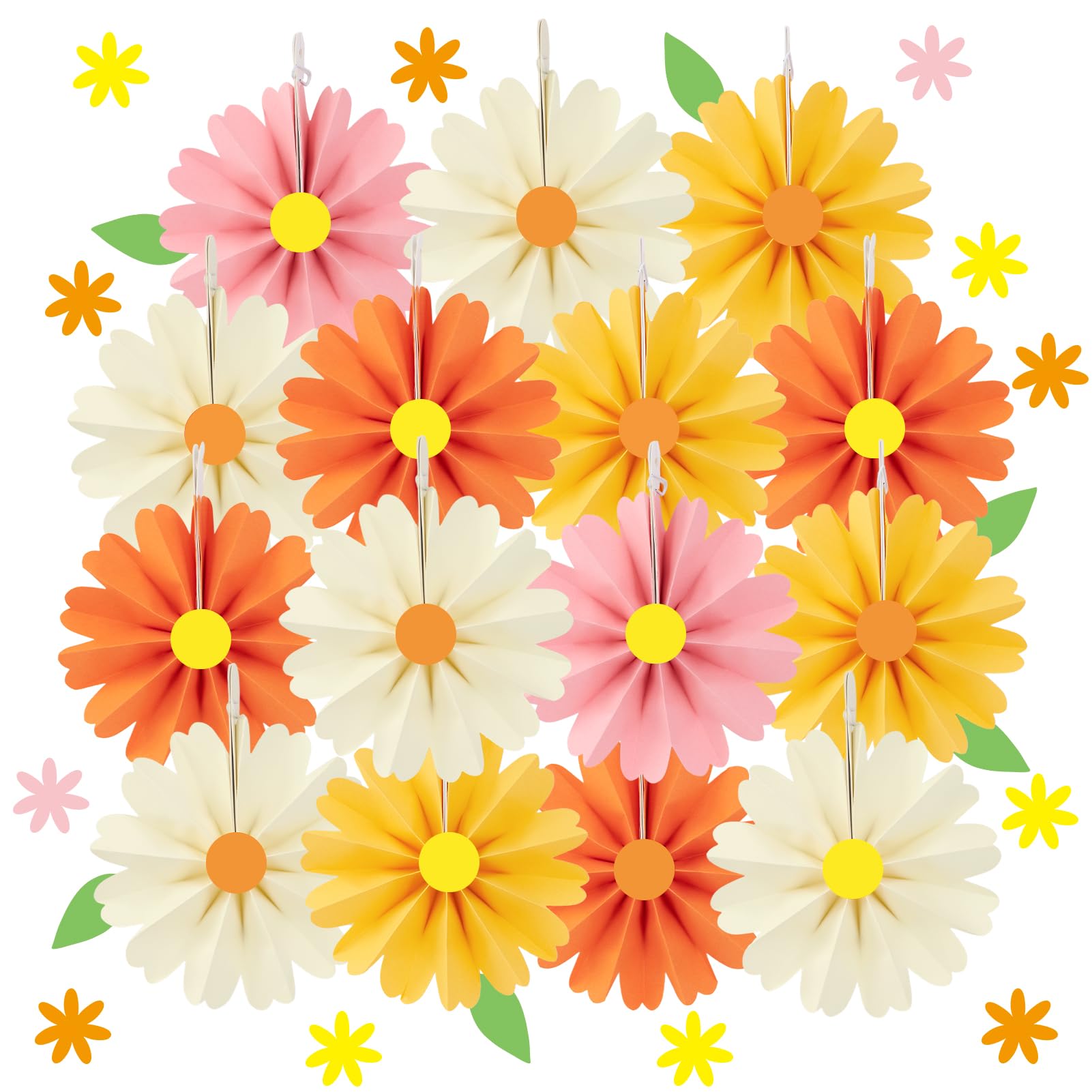 SUNBEAUTY 15Pcs Orange Yellow Paper Flower Decorations Colorful Party Decorations Hanging Paper Fans Decorations Hanging Paper Daisy Flowers for Classroom Birthday Baby Shower Fiesta Party Decoration