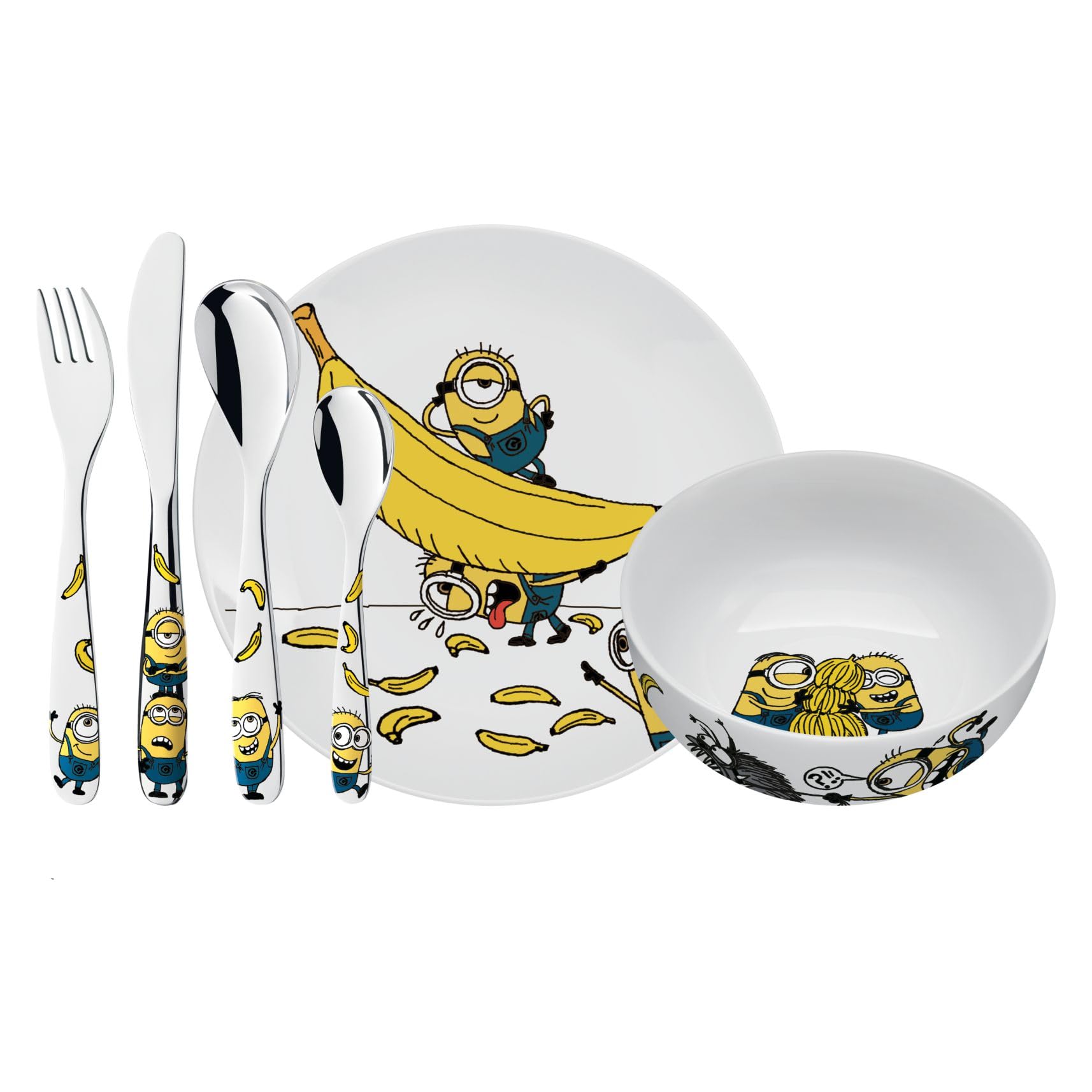 WMF Kinderbesteck & Geschirr Set Minions 6-teilig – personalisiert mit Gravur – für selbstständig essende Kinder ab 3 Jahren – Geschenk zum Geburtstag