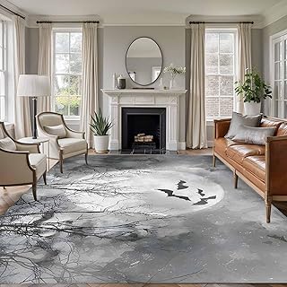 Area Rug for Living Room Halloween Full Moon Night Soft Non Slip Indoor Carpet Washable Rugs, Bat Bare Tree Gray Large Rectangle Throw Rug for Bedroom Dining Room Nursery Dorm 6x9ft