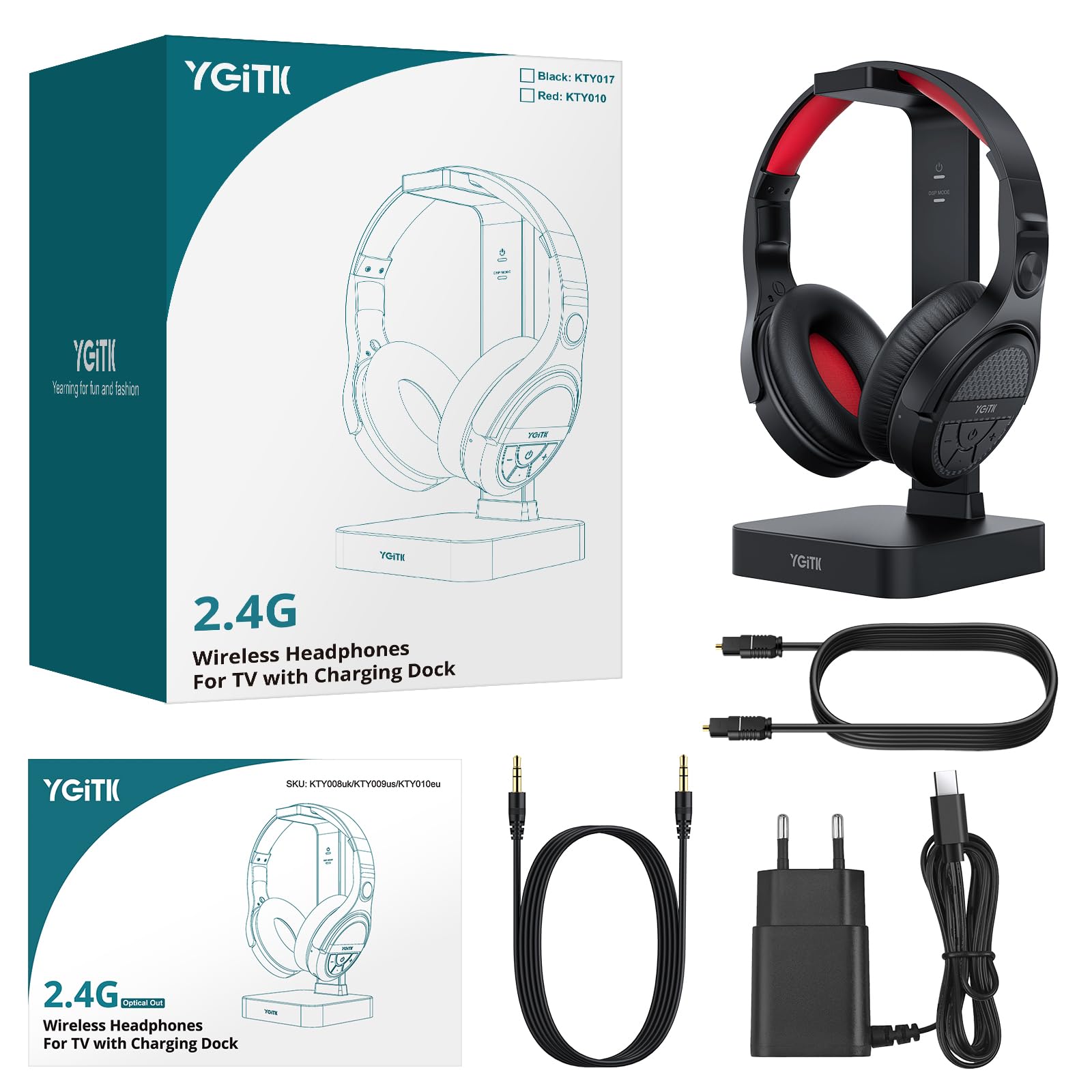 Casque sans Fil pour Télévision avec Station de Charge Émetteur RF 2,4 GHz Casque Supra-auriculaire avec Câble Optique à 3.5mm, Portée de 30 mètres et Batterie Rechargeable