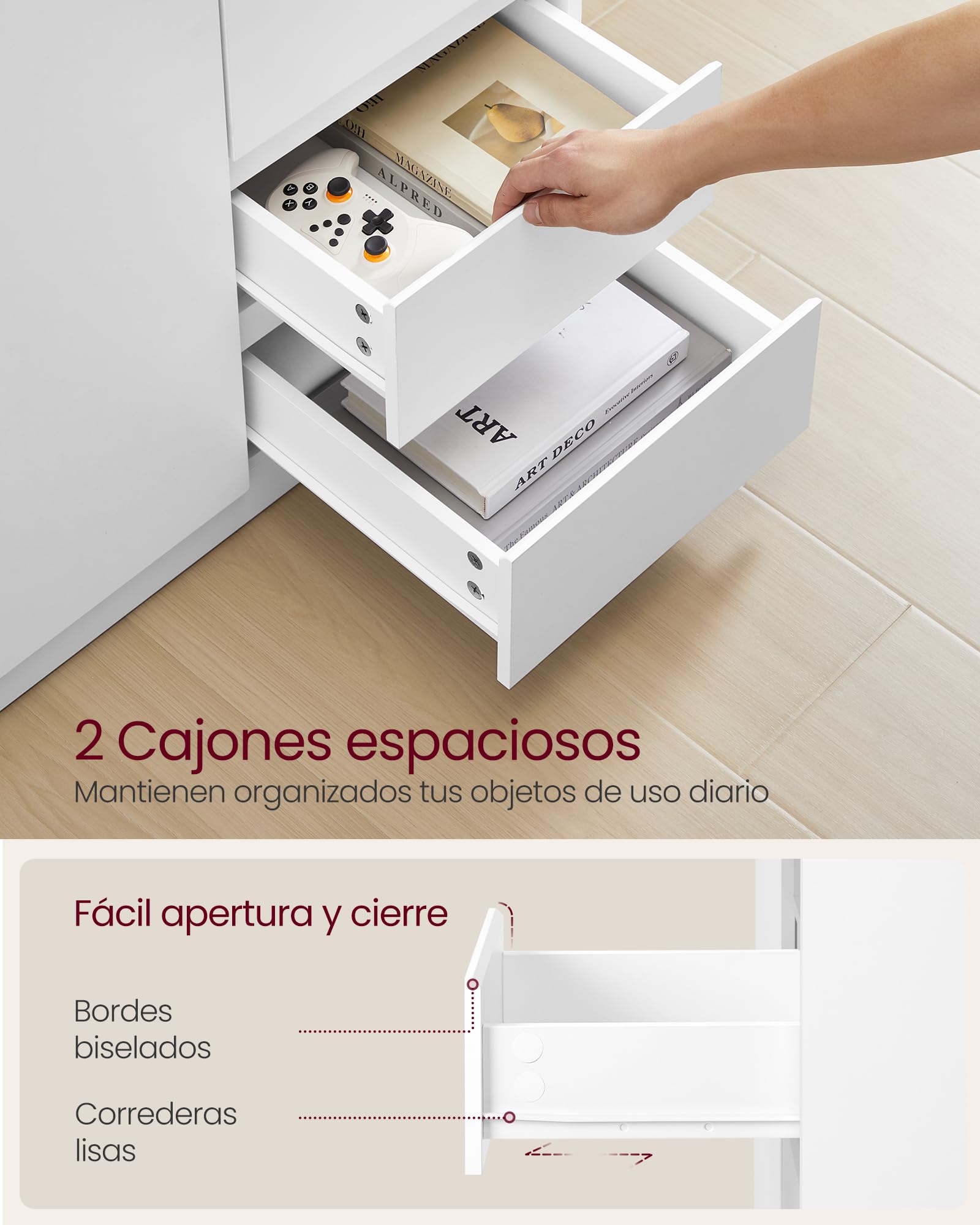 VASAGLE KAILYN Colección - Aparador, Armario de Almacenamiento, con Puerta y Estante Ajustable, 2 Cajones, 40 x 70 x 74,5 cm, Salón, Comedor, Oficina, Blanco Nube BBK243W01V1