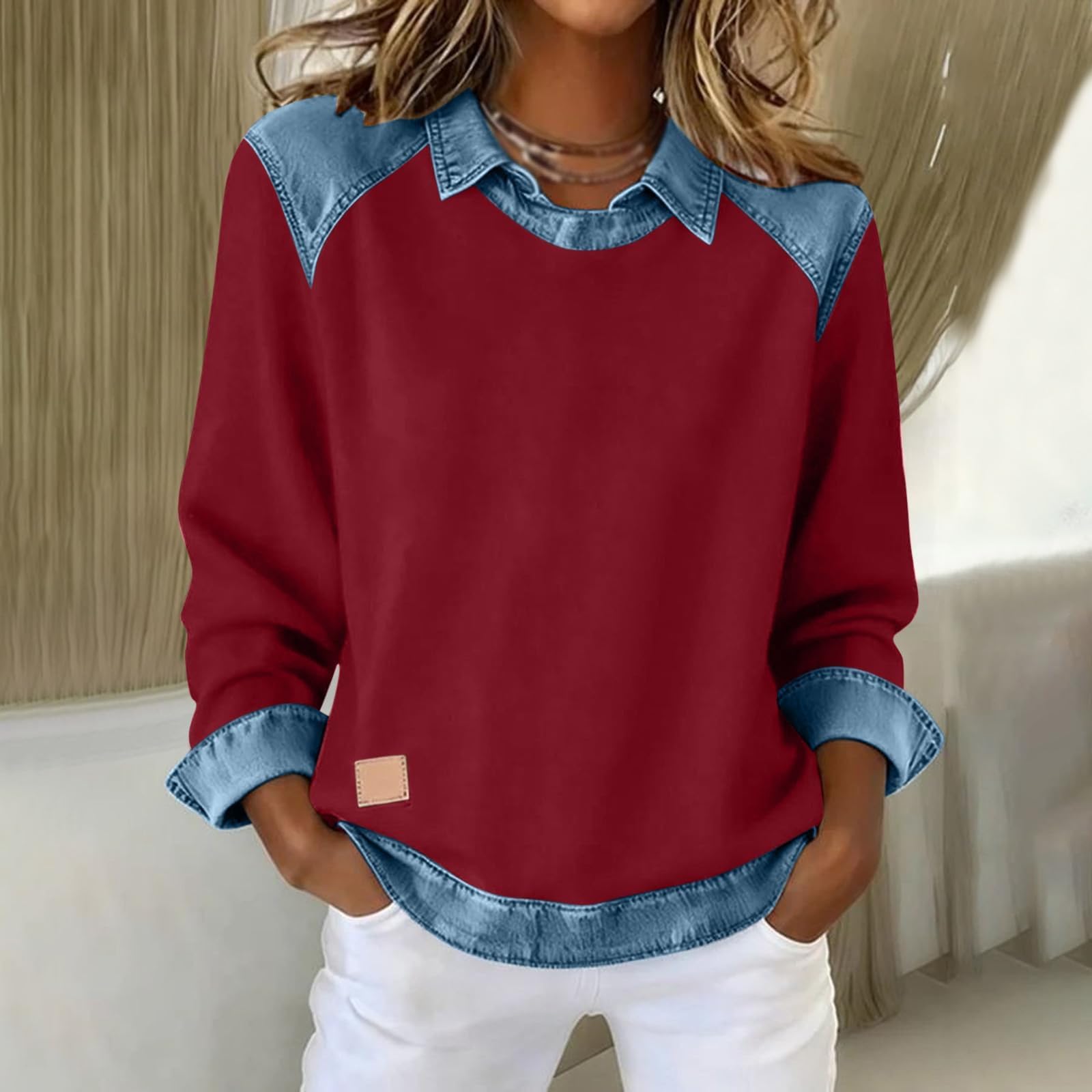 Generisch Bluzy damskie z denimu w stylu patchworkowym, modne koszulki z długim rękawem z dżinsu, z wzorem patchworkowym