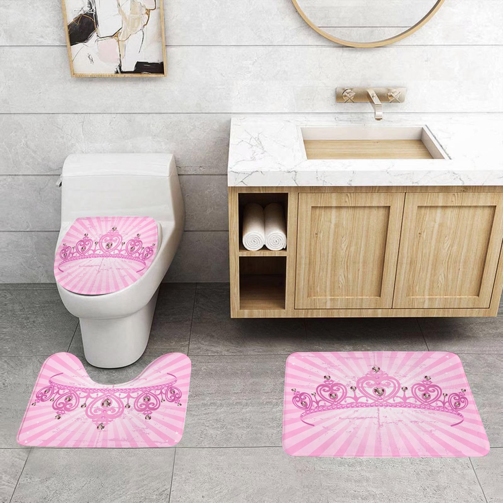 Set di 3 tappetini da Bagno, Lavabili in Lavatrice e Antiscivolo, in Morbida Fibra Superfine, con Tema Queen Childhood Theme Pink Heart.