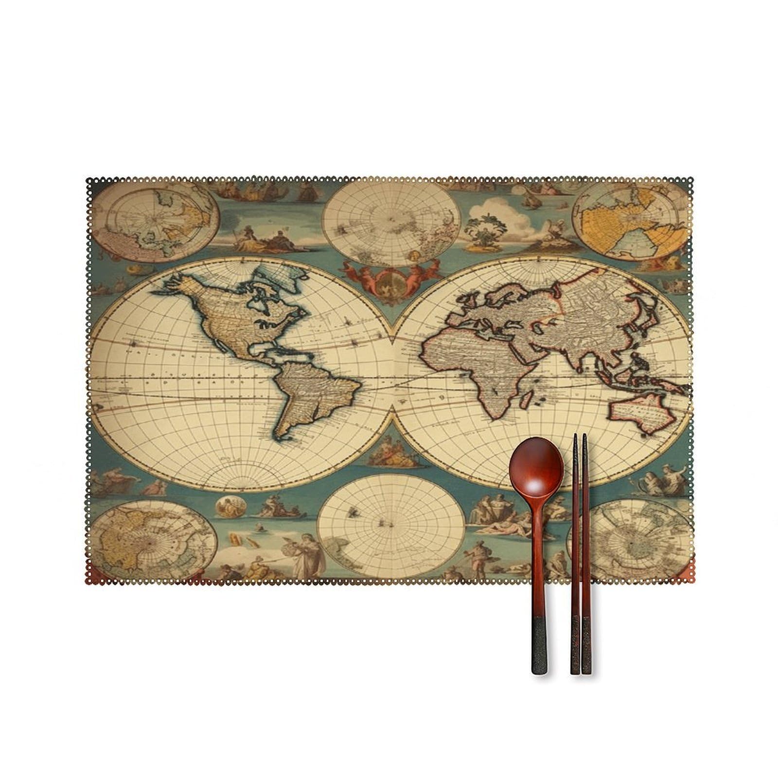 World Map Retro Placemats Set of 6 Non-Slip Heat Resistant Table Mats Canvas Washable Cloth Place Mats Easy to Clean Premium Placemat for Kitchen Dining Table Decoration