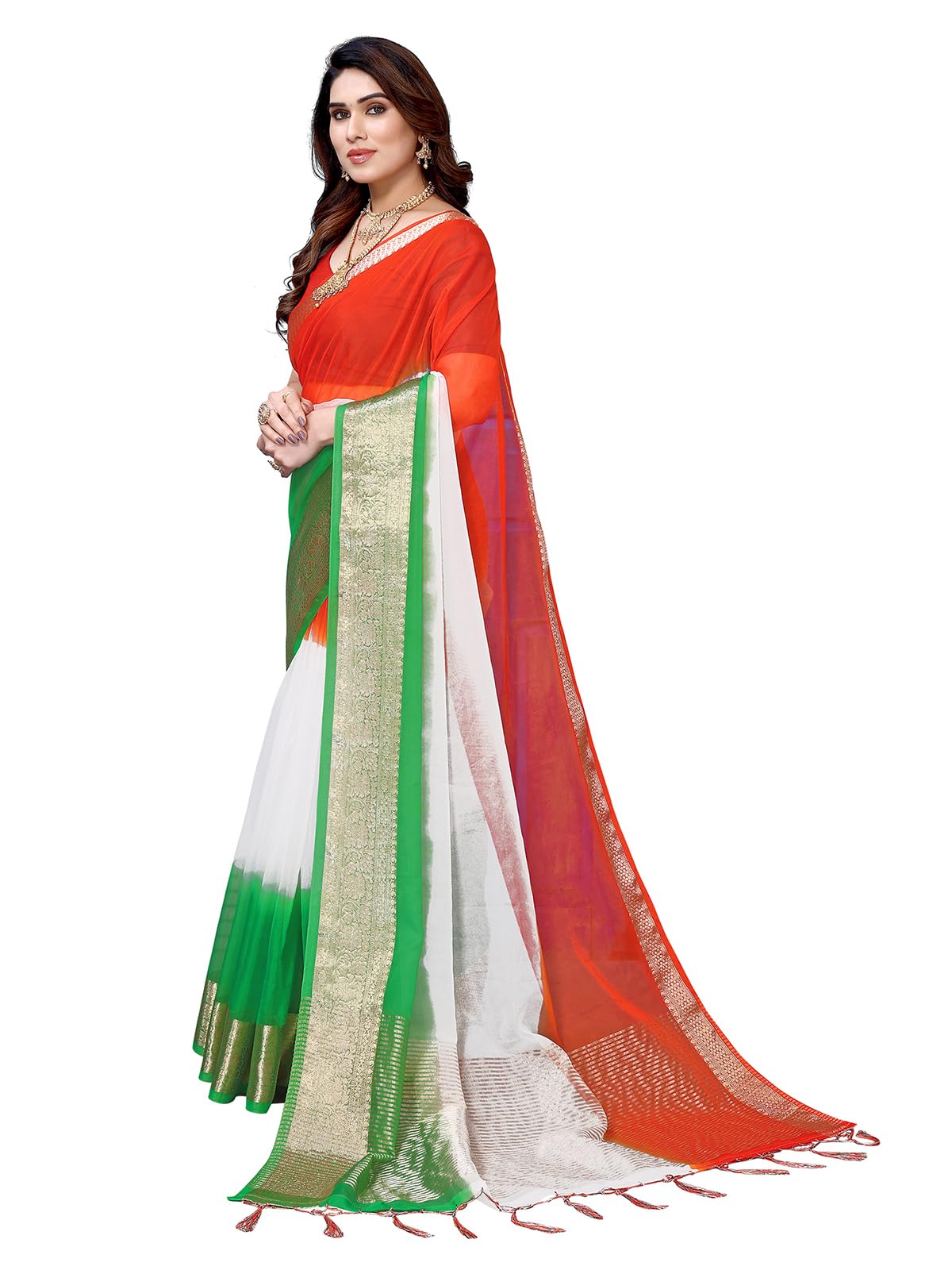SIRILWomen's Organza Jacquard Zari Stripe Independence Day Tricolor Tiranga Saree With Unstitched Blouse Piece