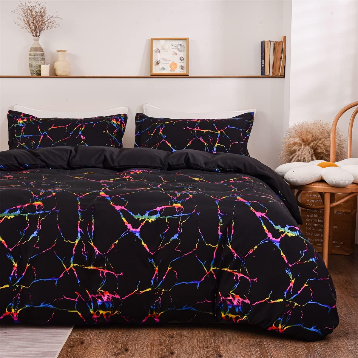 NTBED Black Multi Metallic Marble Comforter Set Queen, Soft Colorful Glitter Lightweight Microfiber Brushed Quilt Bedding Sets with 2 Pillowcases for Kids Adults