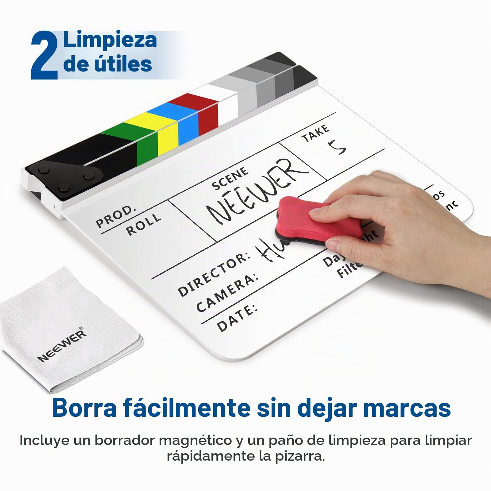 NEEWER Kit de Tablero de Claqueta Acrílica para Directores de Cine, Tablilla de Plástico de 12"x10" con 1 Borrador Magnético, 2 Bolígrafos al Agua, 1 Paño de Limpieza & Llave Hexagonal L (Blanco)