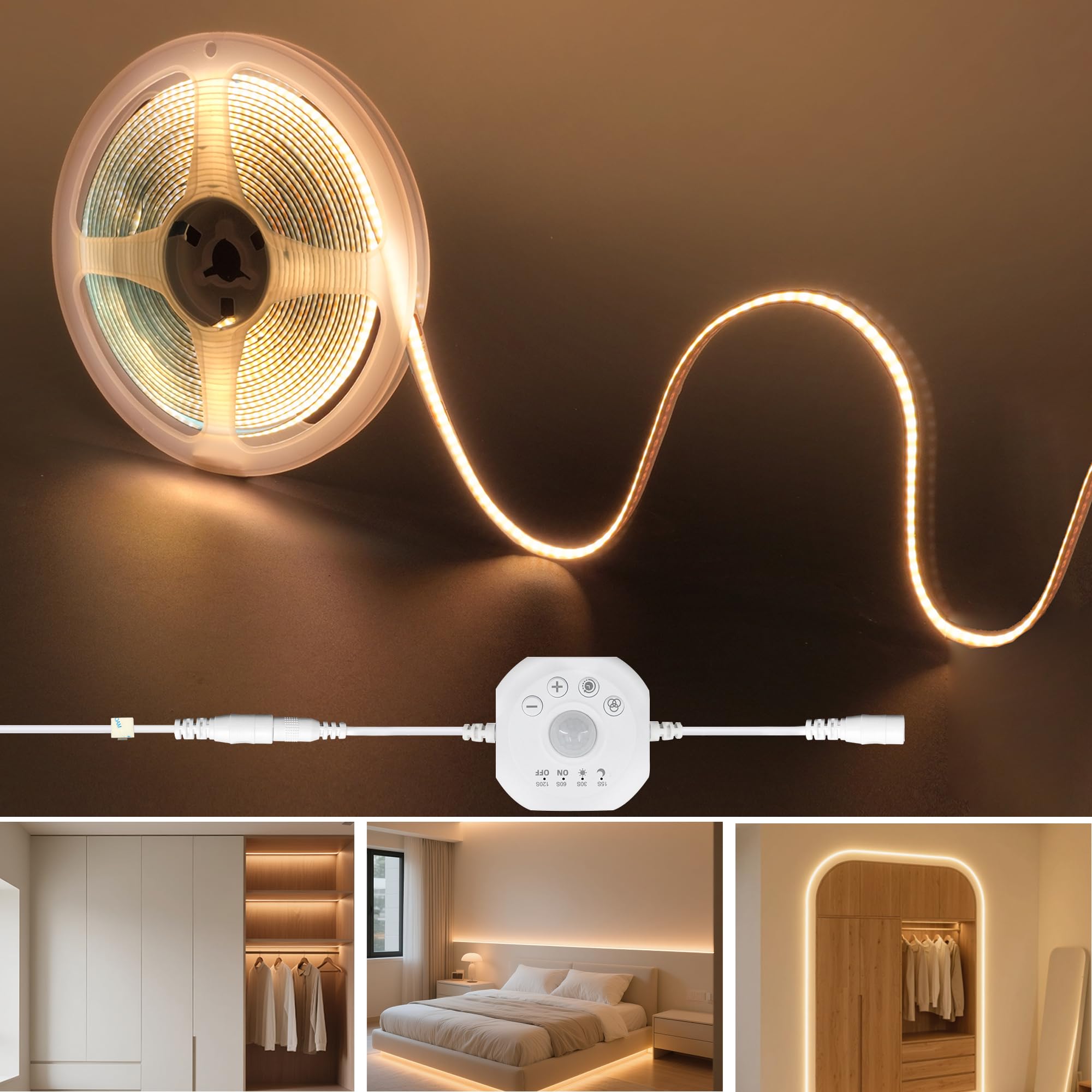 Clearhill 24 V DC PIR Motion Sensor Dimmer 320 LED Strip Lights, Day or Night 2 Lighting Modes, Time Delay and Brightness Adjustable, 32.8 ft/10 m, Warm White 3000 K, 8 mm Width