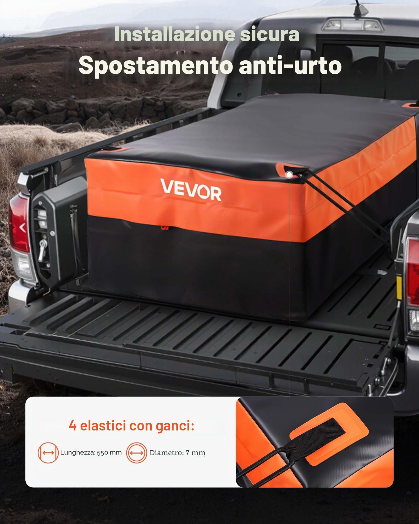 VEVOR Borsa da Carico per Cassone di Camion 1300 x 1020 x 555 mm Borsa da Carico Resistente per Cassone di Camion con Corde Elastiche, Rete e Moschettoni, Adatta a Una Varietà di SUV e Pick-up