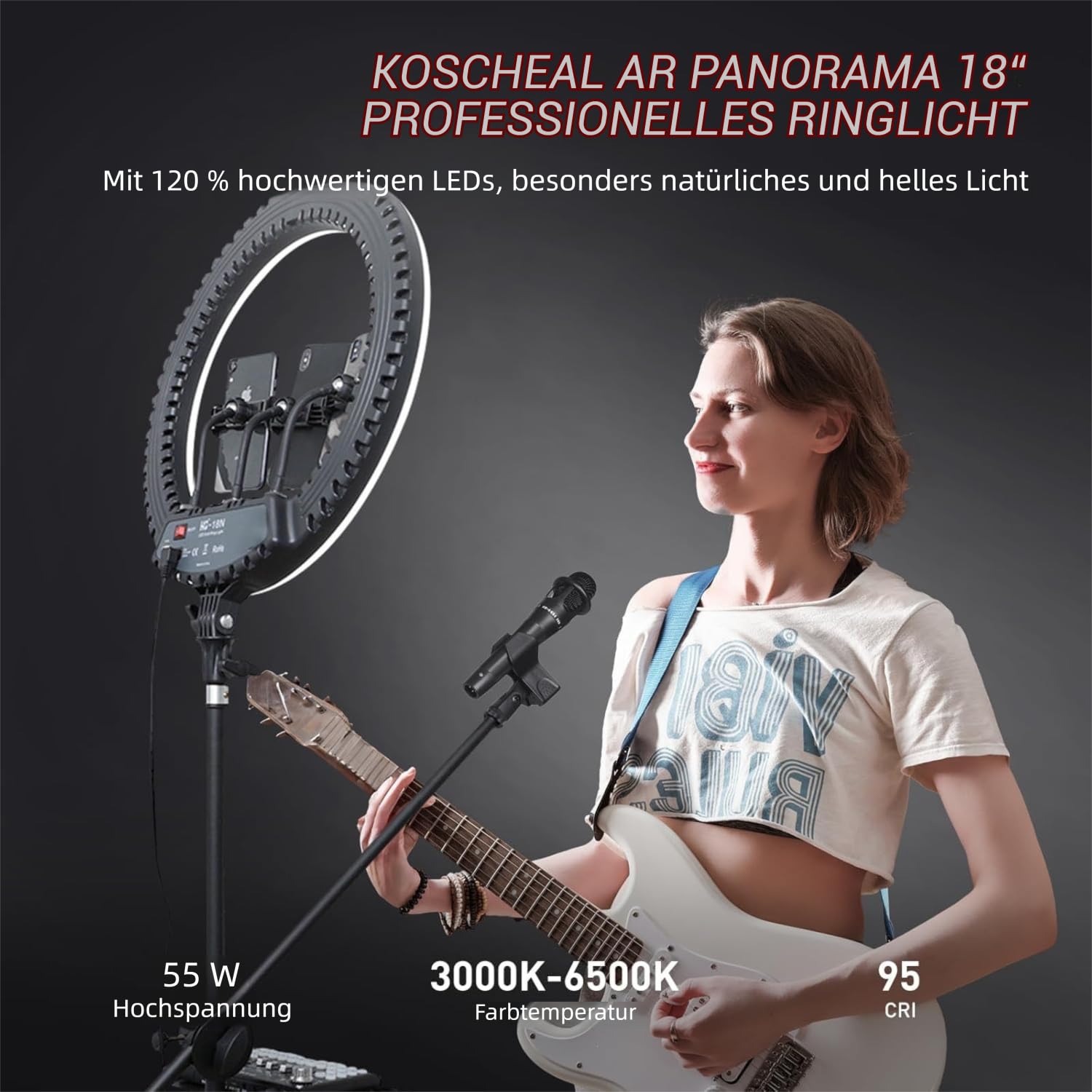 KOSCHEAL Luce ad anello da 18" con supporto, 3000 – 6500 K, luce LED regolabile con microfono e supporto per scheda audio, luce ad anello per parrucchiere/fotocamera professionale/TikTok/YouTube