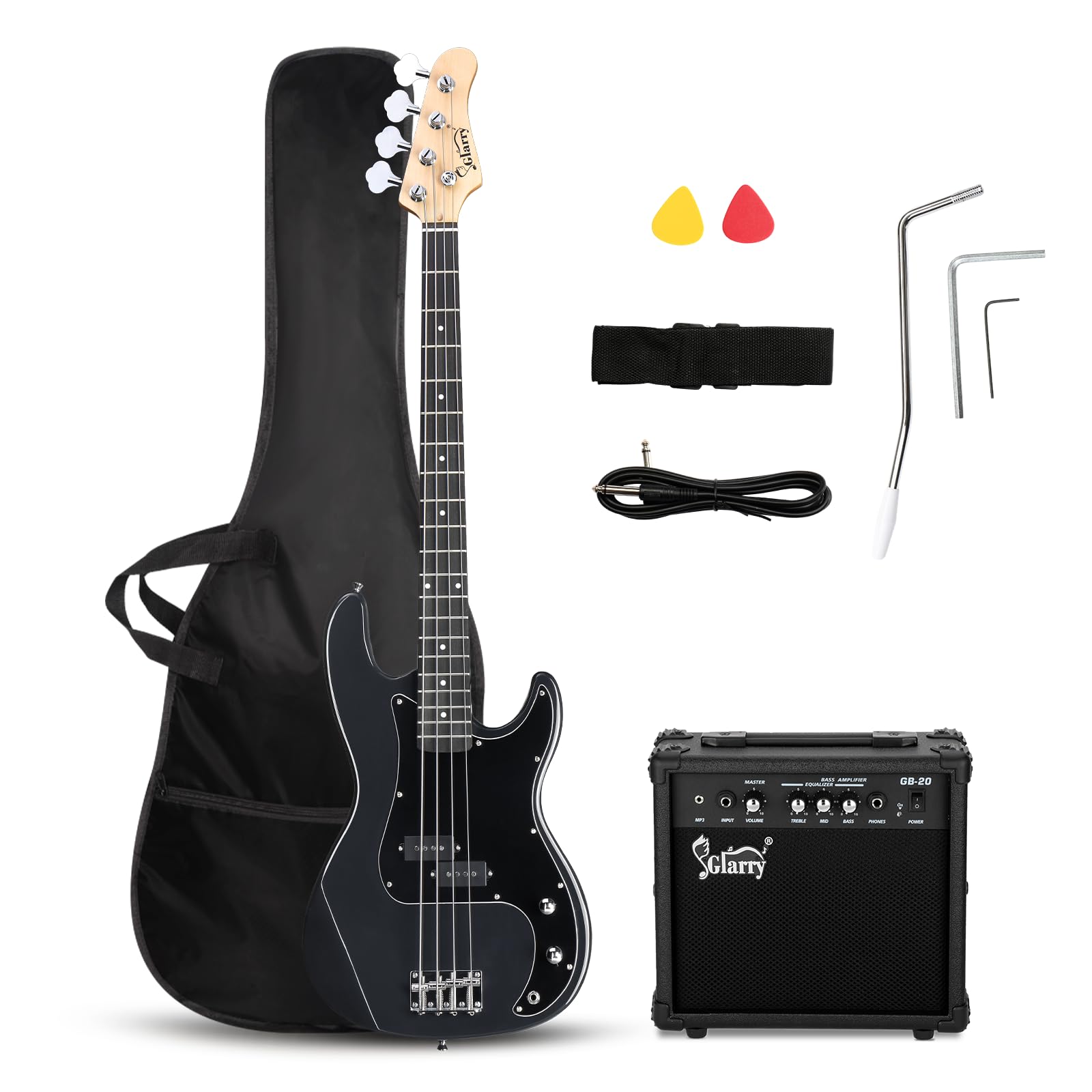 GLARRY Full Size Electric Bass Guitar Beginner Kit 4 String Exquisite Basswood Bass with 20W AMP, Cable, Strap, Bag and Accessories (Grey, 39"Right Handed)