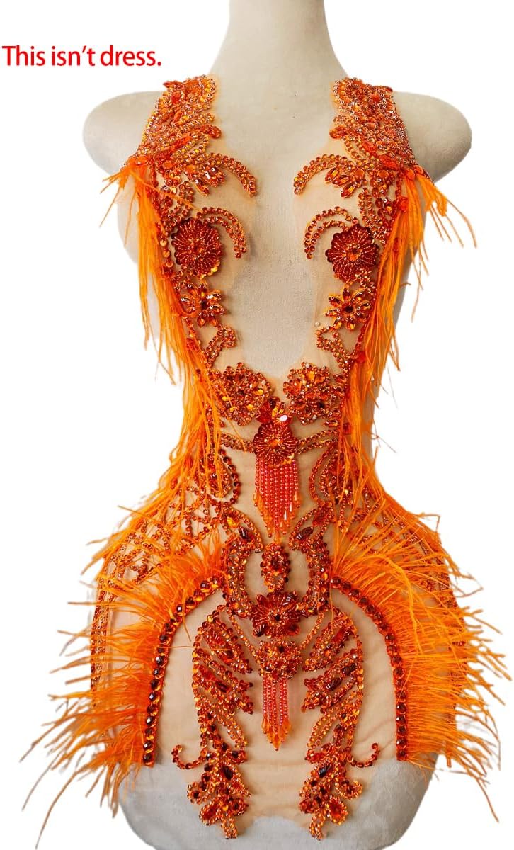 Large Size Pure Hand-Stitched Bodice Rhinestones Appliques Long Feather Decorative Bead Embroidery Trim Patches Exquisite Luxury Accessories for Dress Clothing (Orange)
