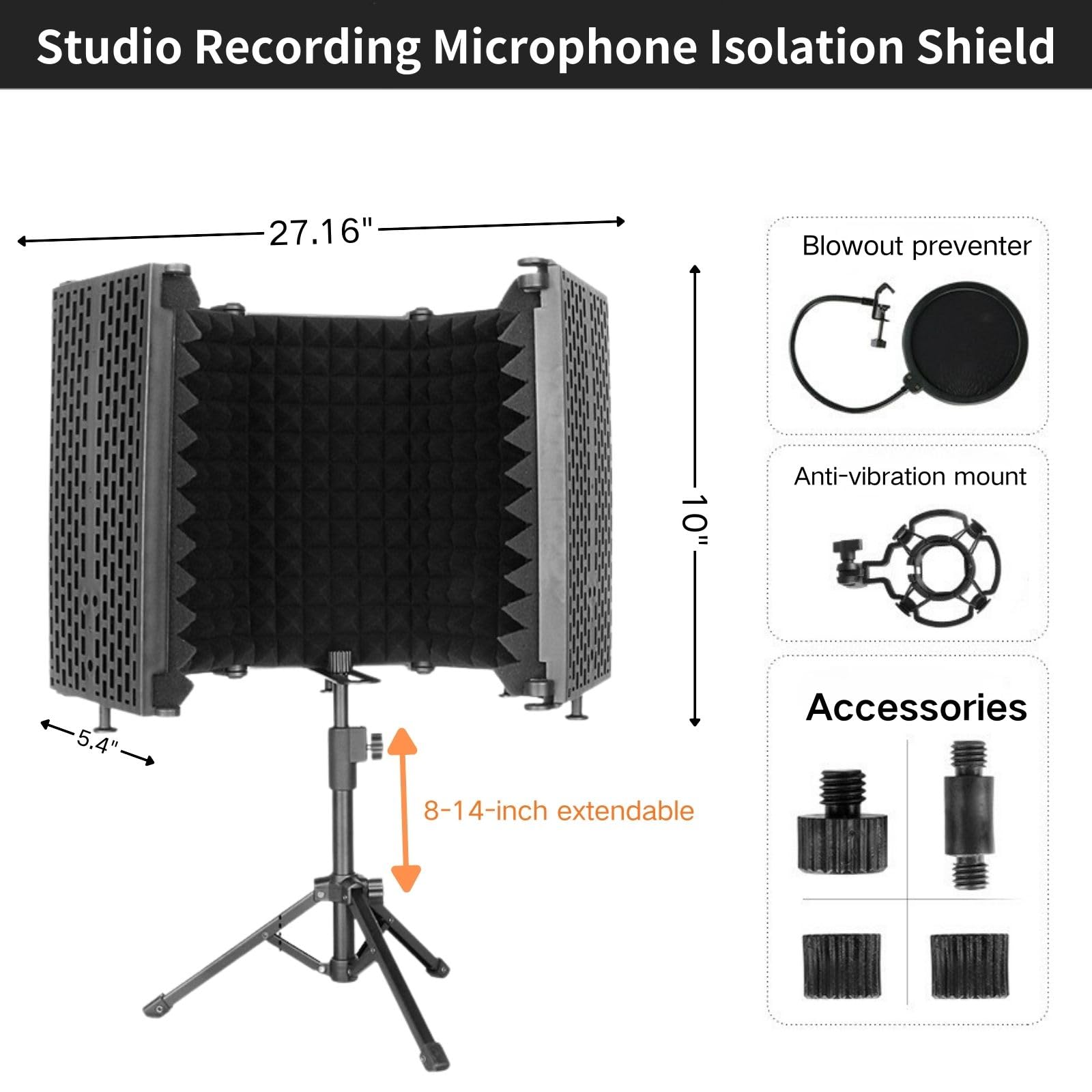 Scudo isolante per microfono, 5 pannelli con filtro pop e treppiede, schiuma assorbente per filtrare la voce, per podcast, studio e la maggior parte delle apparecchiature di registrazione microfoni a