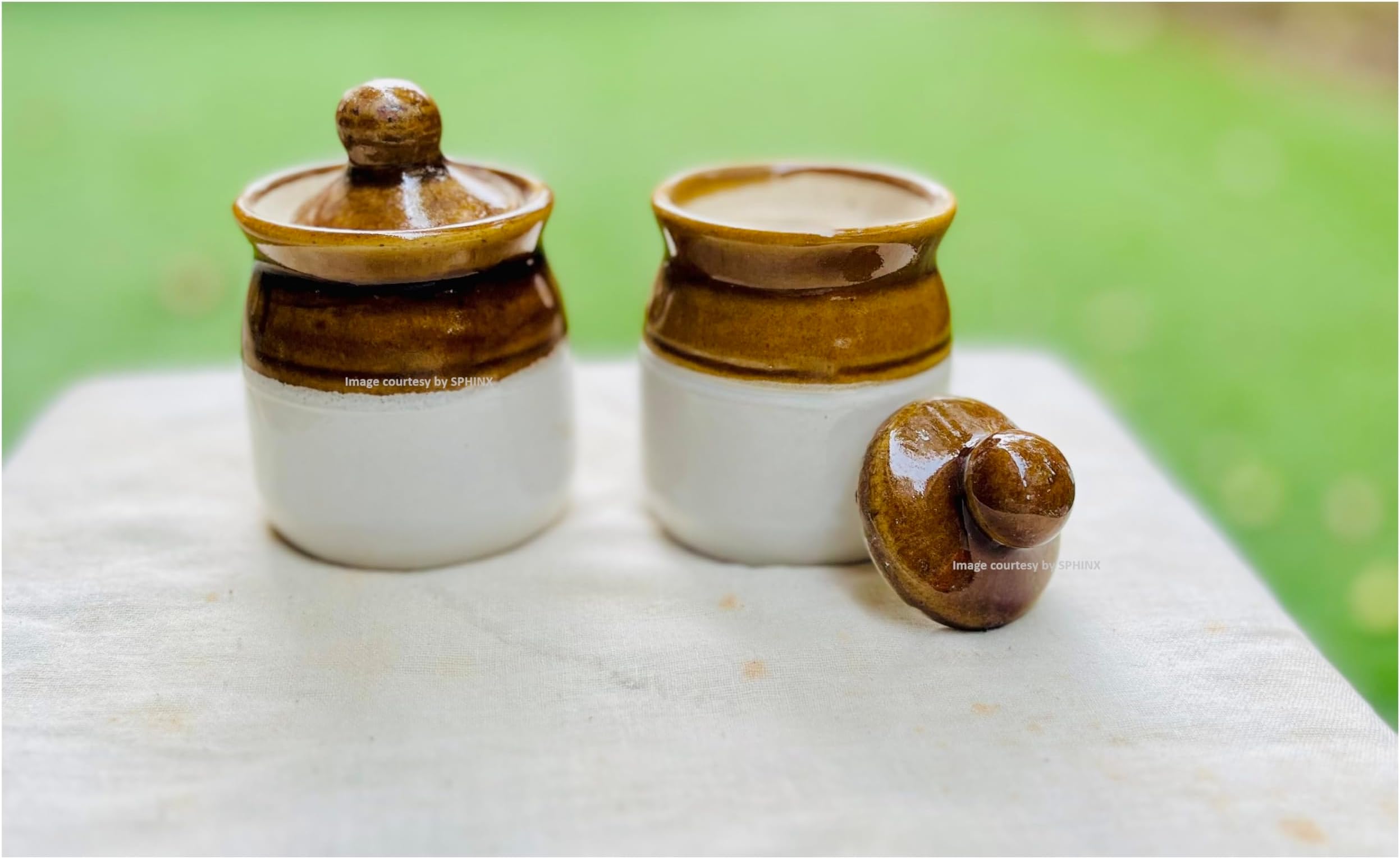 SPHINX Ceramic Pickle Jar/Barni/Achar Martban/Cornichon Container with lid- Handcrafted Kitchen Storage Container | Rustic Design |For Kitchen Condiment - (Approx 15 x 8.5 cms - 2 Pieces)