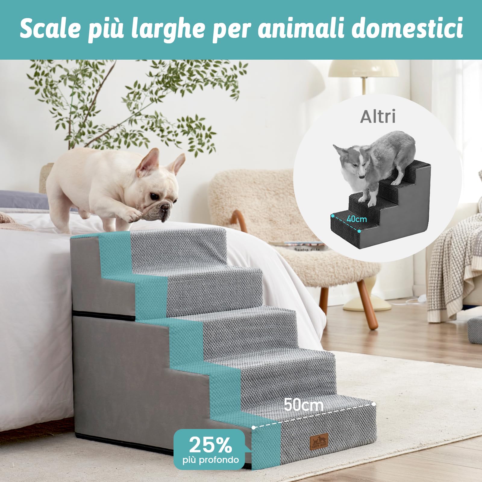 COZY KISS Scala per Cani di Piccola Taglia, Scaletta Cani Domestici a 5 Gradini più Larghe per Divano Letto Auto, 60 cm Altezza Gradini per Gatti in Spugna