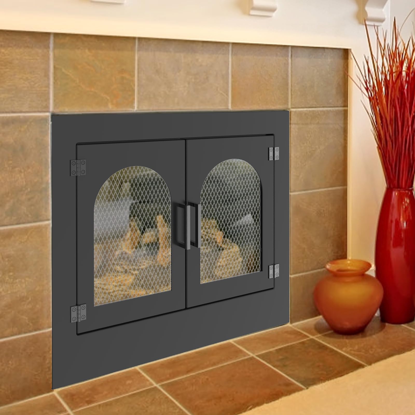 Tongmo Fireplace Screen with Doors, Solid Metal Fireplace Doors with Wire Mesh and Tempered Glass, for Masonry Fireplaces Only（Large）