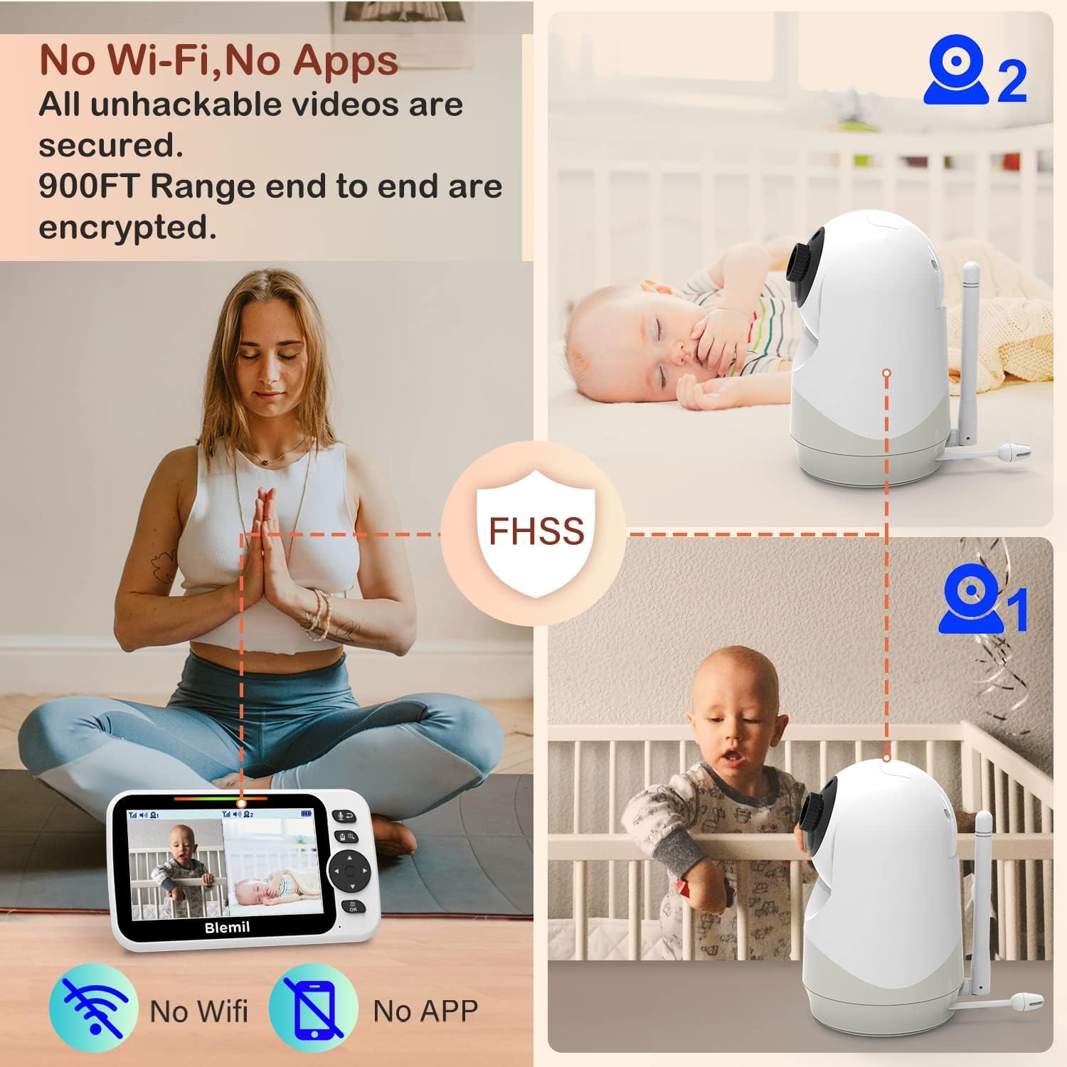 Blemil Babyphone mit 2 Kameras und Audio 30 Stunden wiederaufladbare Batterie, 5" großer geteilter Bildschirm, ferngesteuerte Schwenk-/Neige-/Zoom-Kamera, Zwei-Wege-Gespräch, Nachtsicht, kein WiFi