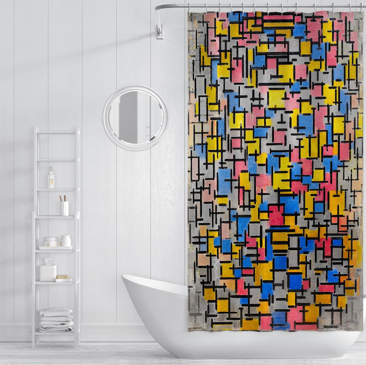 Rideaux de Douche en Grille géométrique en mosaïque Pop Art Abstrait Rideaux de Salle de Bain en Tissu imperméable en Tissu coloré Rose Bleu, Jaune et Crochets 200 x 220 cm