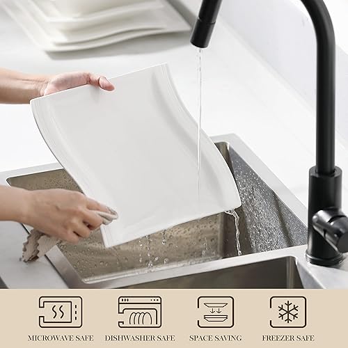 Miniatura 4 de MALACASA Juego de vajilla para 8, 32 piezas de platos cuadrados y cuencos, color blanco marfil, juego de vajilla de porcelana con juego de platos