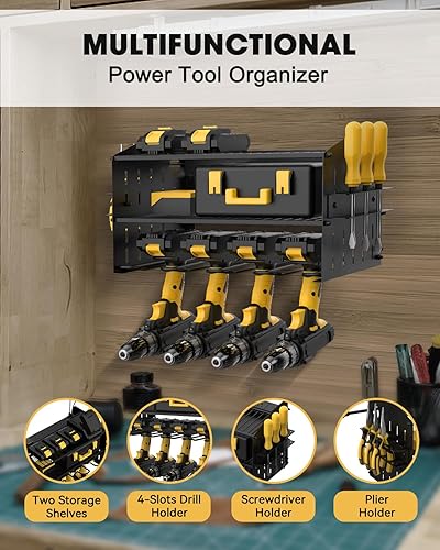 Miniatura 4 de WellMall Organizador de herramientas eléctricas con estación de carga de 3 capas de montaje en pared, organizador de herramientas eléctricas con