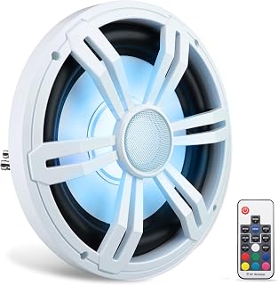 10” Slim Marine Subwoofer - 400W 4 Ohm Waterproof Car Component Speaker System, Low Profile PP Cone w/Rubber Edge, 40 Oz Magnet 2" Voice Coil, RGB Lights, for Boat Truck Mobile Vehicle