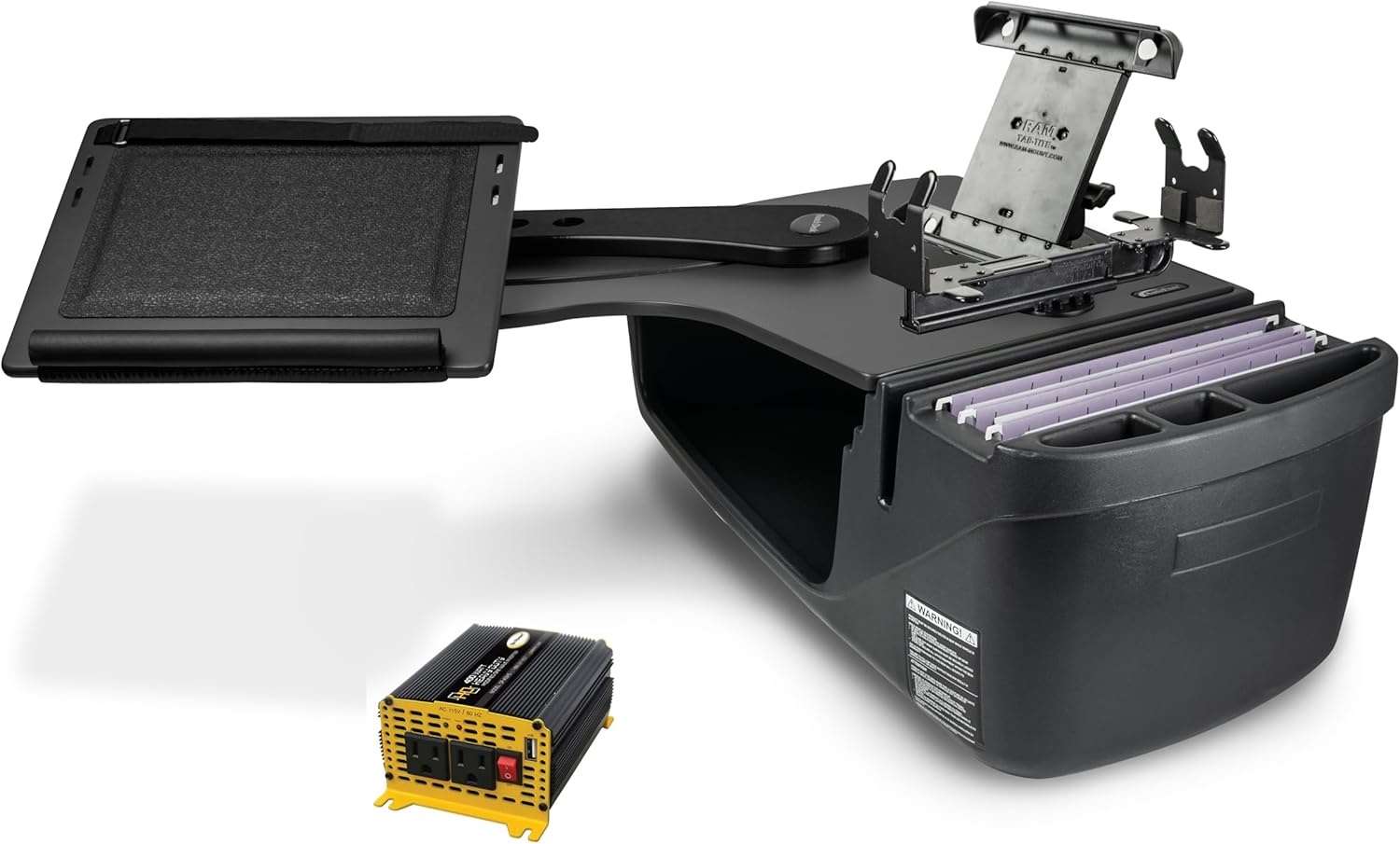 AutoExec Reach Desk Back Seat Car Desk for Your Vehicle Workstation and Mobile Office, Black, with 400 watt Power Inverter, Tablet Mount and Printer Stand