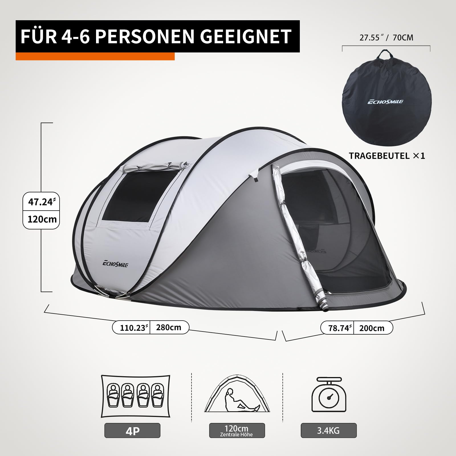 EchoSmile Pop up Zelt 4-8 Personen, Wurfzelt Wasserdicht mit 2 Belüftungsfenstern, Familienzelt & Campingzelt für Picknick, Wandern und Outdoor Aktivitäten