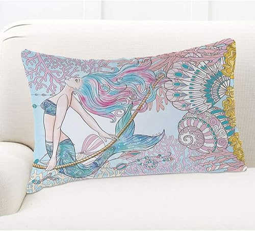 Miniatura 5 de EKOBLA Funda de almohada estilo mediterráneo, diseño de sirena, océano, animales náuticos, playa, algas, conchas marinas, decoración lumbar, funda