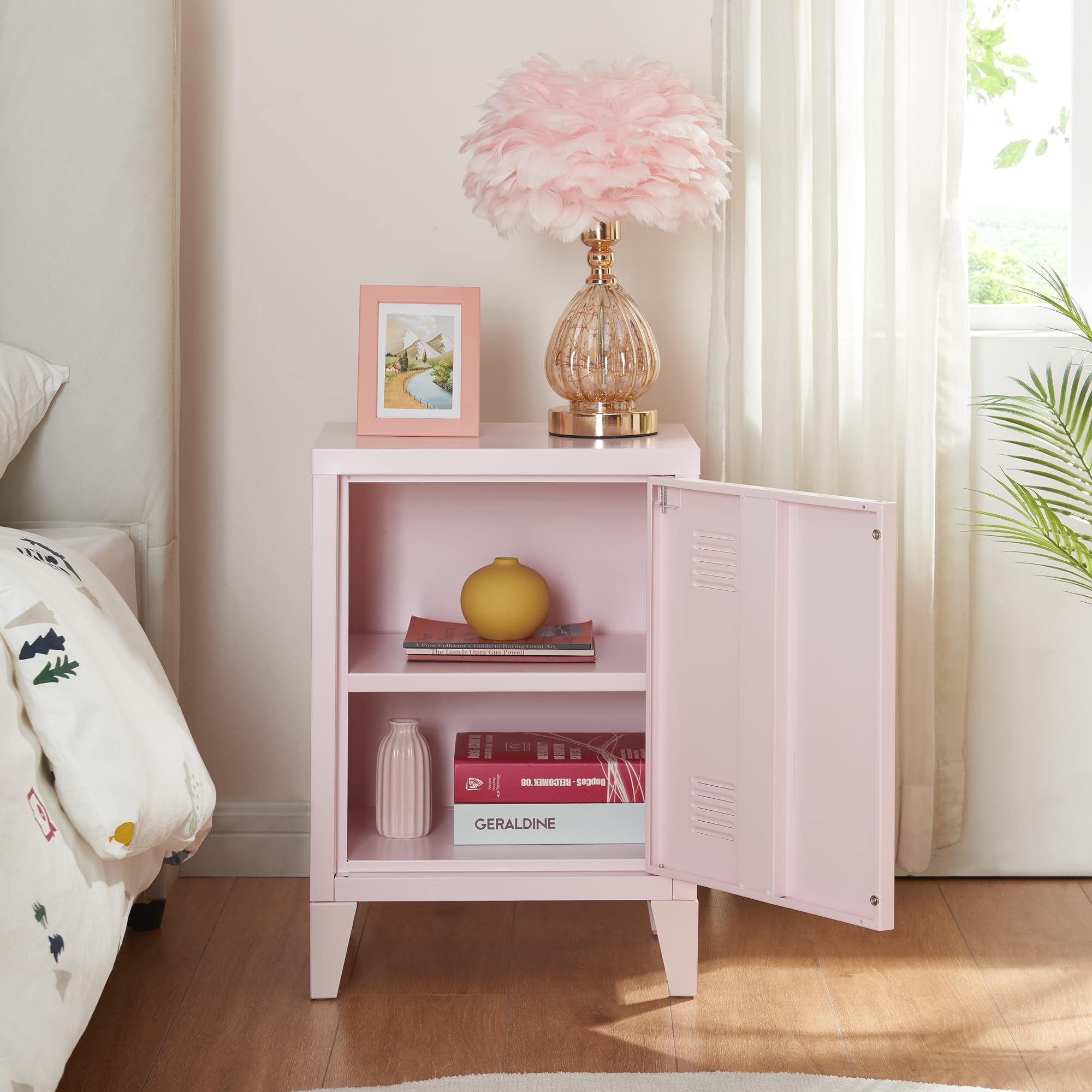 [en.casa] Mesa de Noche Inari con Cerradura Magnética Mesa Auxiliar con 2 Compartimientos para Salón Oficina Baño Ventilación Óptima 57 x 40 x 30 cm Acero - Rosa