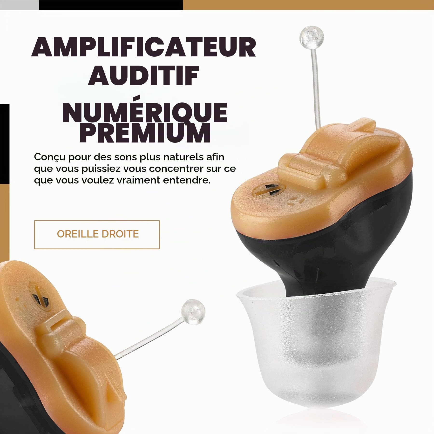 Amplificateur auditif numérique haut de gamme - Oreille droite invisible dans le canal (CIC) Mini-système d'amélioration du son intra-auriculaire, presque invisible, suppression du bruit - Noir
