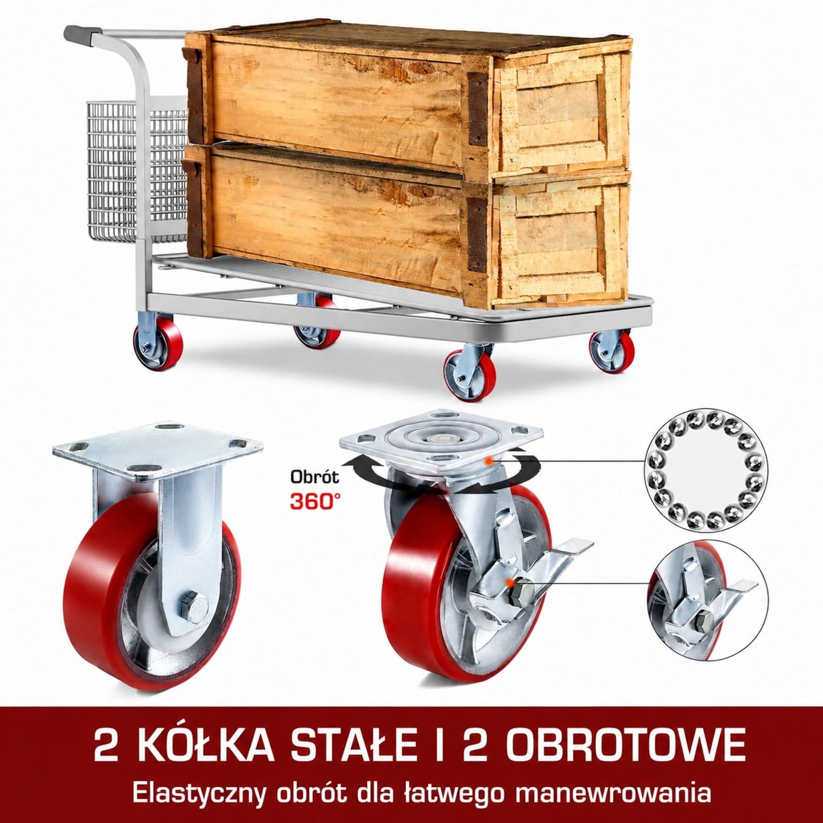 Zestaw 4 kółek transportowych z poliuretanu i stali, 2 skrętne z hamulcem oraz 2 stałe, do wózków i stołów roboczych
