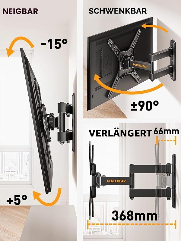 Suport TV de perete Perlegear, rotativ și înclinabil, pentru ecrane plate și curbate de 26-50 inchi, max. 25 kg, VESA 300x300