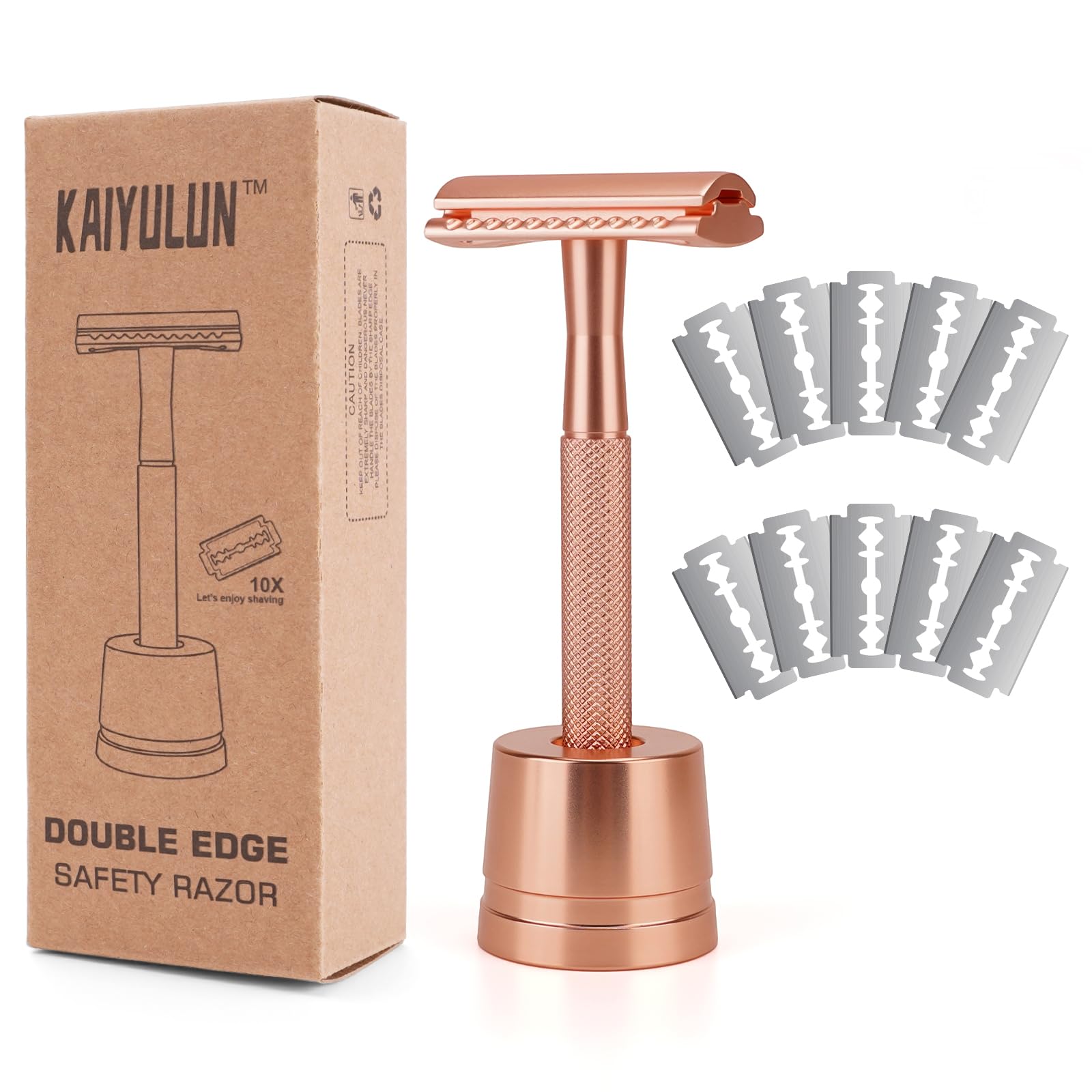 Safety Razor with Stand for Men & Women - Double Edge Single Blade Razor, One Blade Razor with 10 Blades & Metal Stand - Reusable Mens & Womens Shaving Razor (Complete Kit)-Rose gold