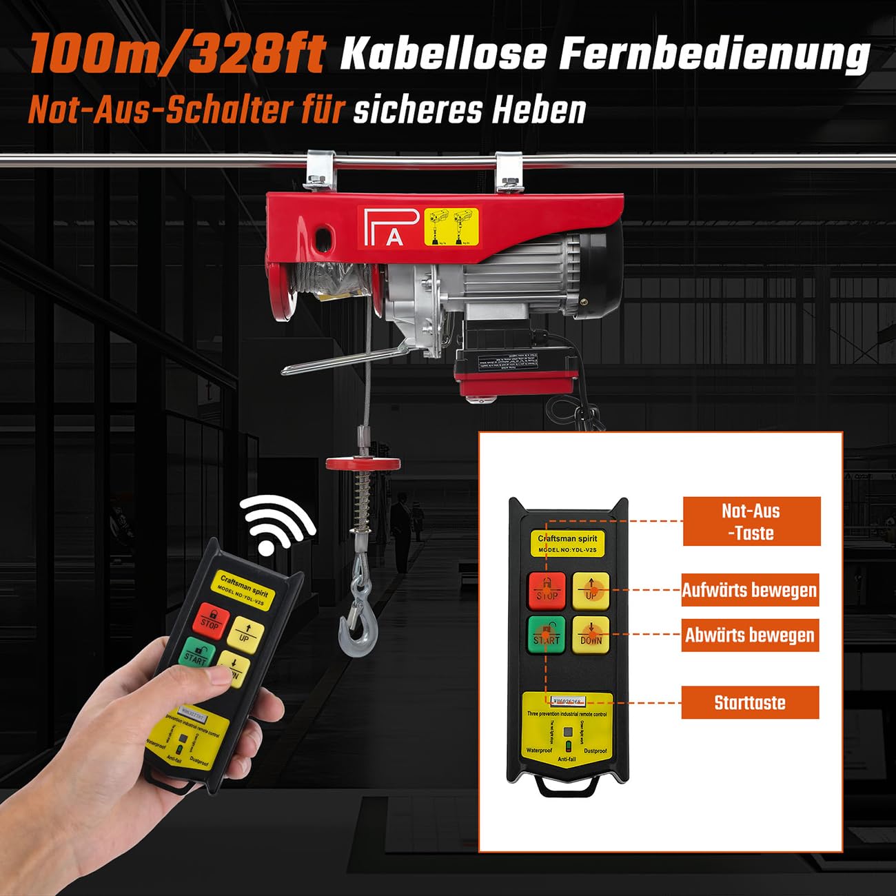 PA800 Elektrische Seilhebezug,elektrische Seilwinde, 400kg bis 800kg Elektrische Motorwinde, mit kabelloser Fernbedienung(100m),12m Hebezug Seilzug, Hohe Sicherheit mit Not-Aus-Schalter