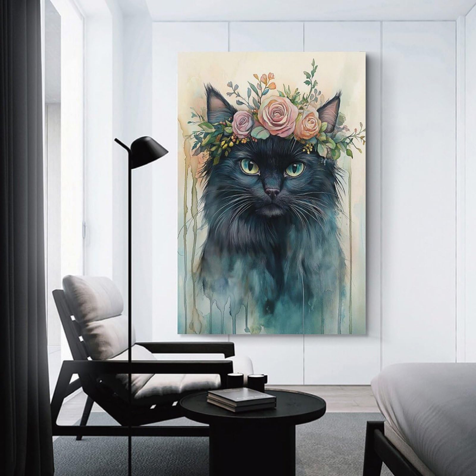 Junmoney Black Cat with Floral Crown Room Decor Wall Art 24x36inch(60x90cm), for Art Walls, Layered Displays Or Homes, Wall Decor Suited to Curated Displays