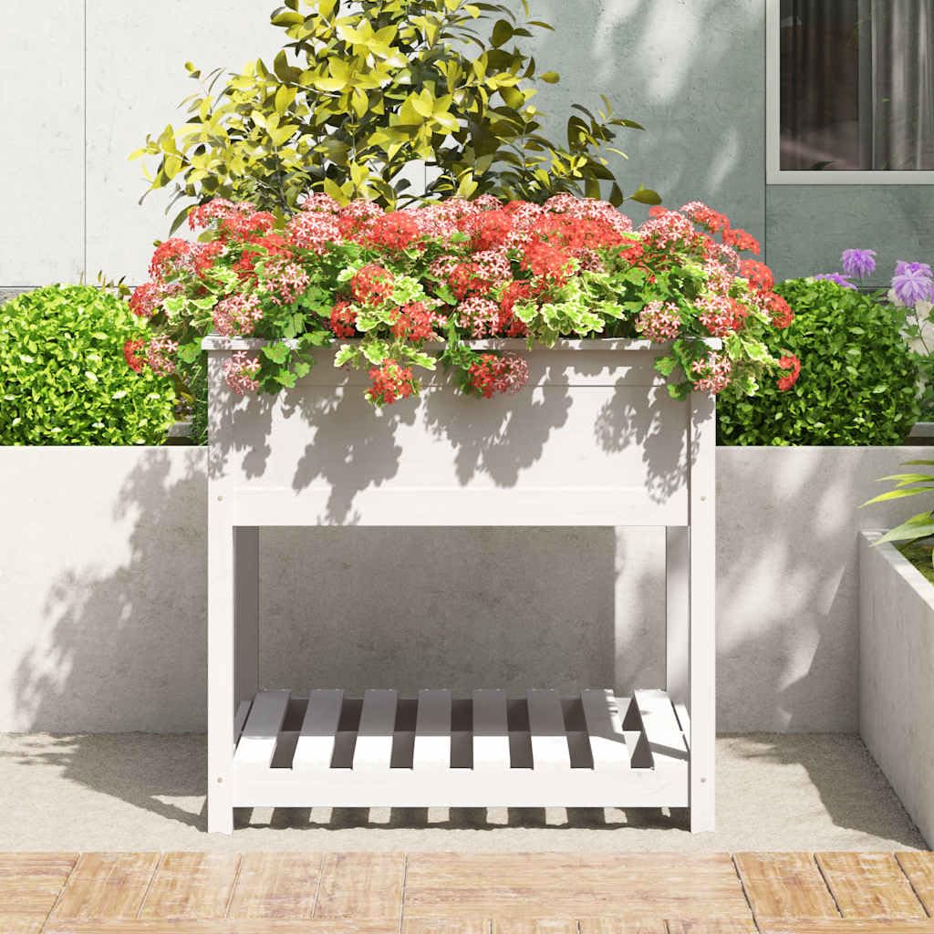 Pflanzkübel Weiß 82,5x82,5x81 cm aus massivem Kiefernholz, Blumentopf groß mit Ablage, ergonomisches Hochbeet für Balkon, Terrasse und Garten
