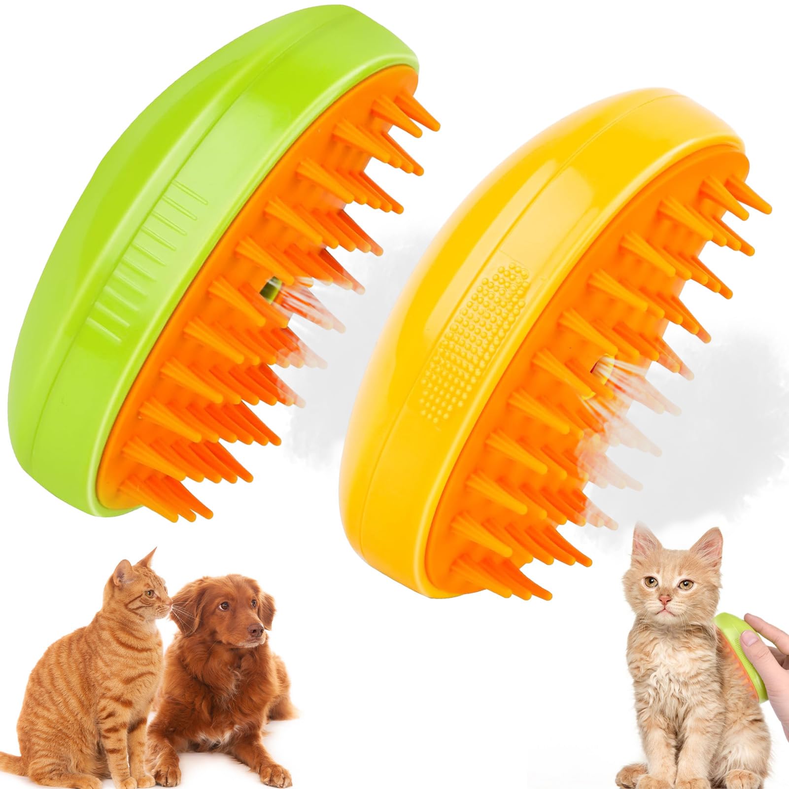 2 PCS Cepillo de Vapor para Gatos,Steamy Cat Brush 3 en 1 Cepillo de Vapor para Gatos para Masaje Cepillos Perro Autolimpiante,Para Gatos Perros Masaje Cepillos Autolimpiantes (Amarillo+Verde)