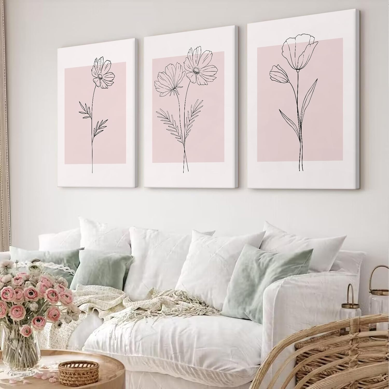 lianyibo Zestaw 3 różowych obrazów ściennych, różowych kwiatów, kwiatowy plakat botaniczny do dekoracji sypialni lub biura (50 x 75 cm x 3/bez ramki)