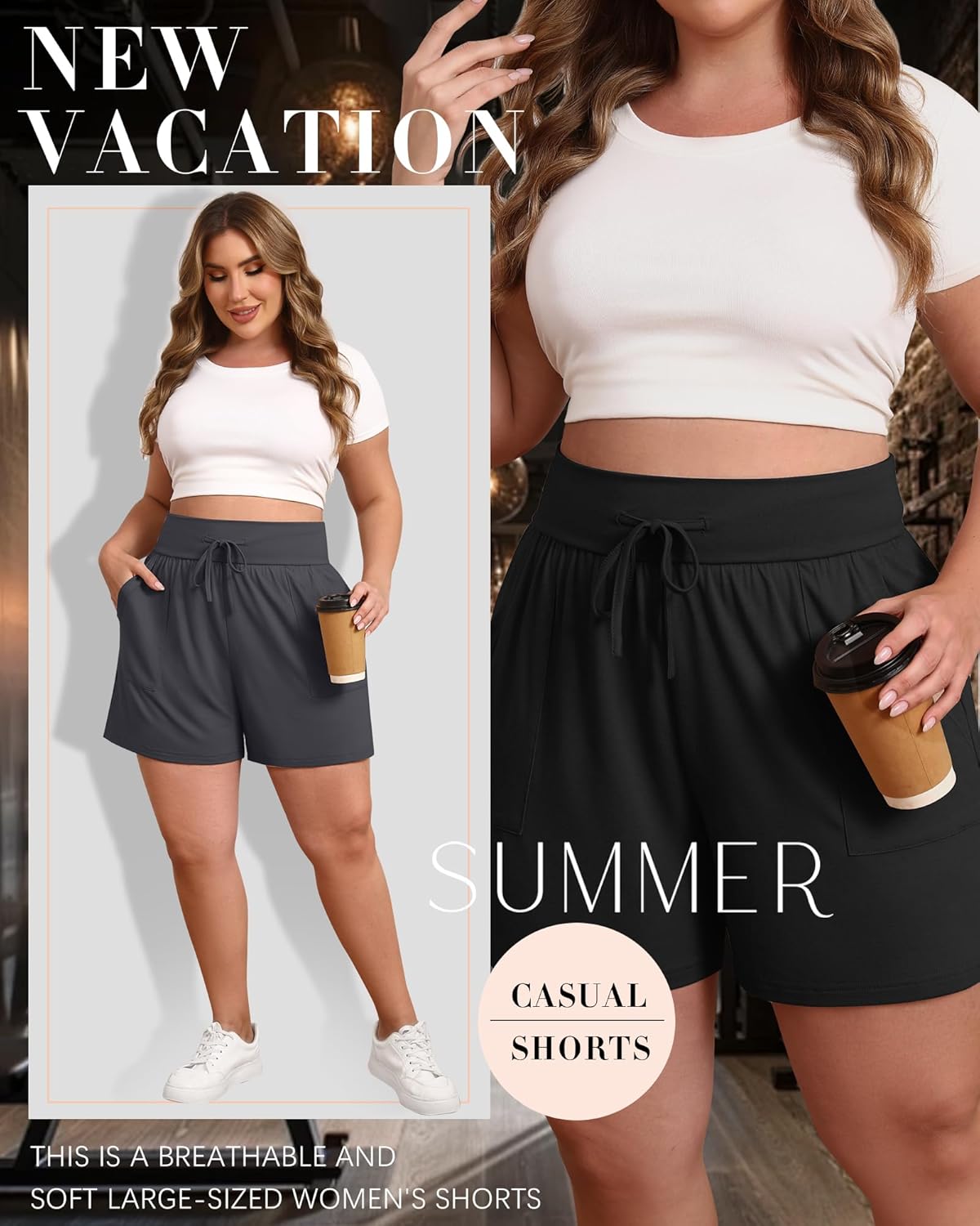 3 Pack Women's Plus Size Shorts, Drawstring Sweat Shorts Loose Lounge Running Athletic Shorts with Pockets - Image 6